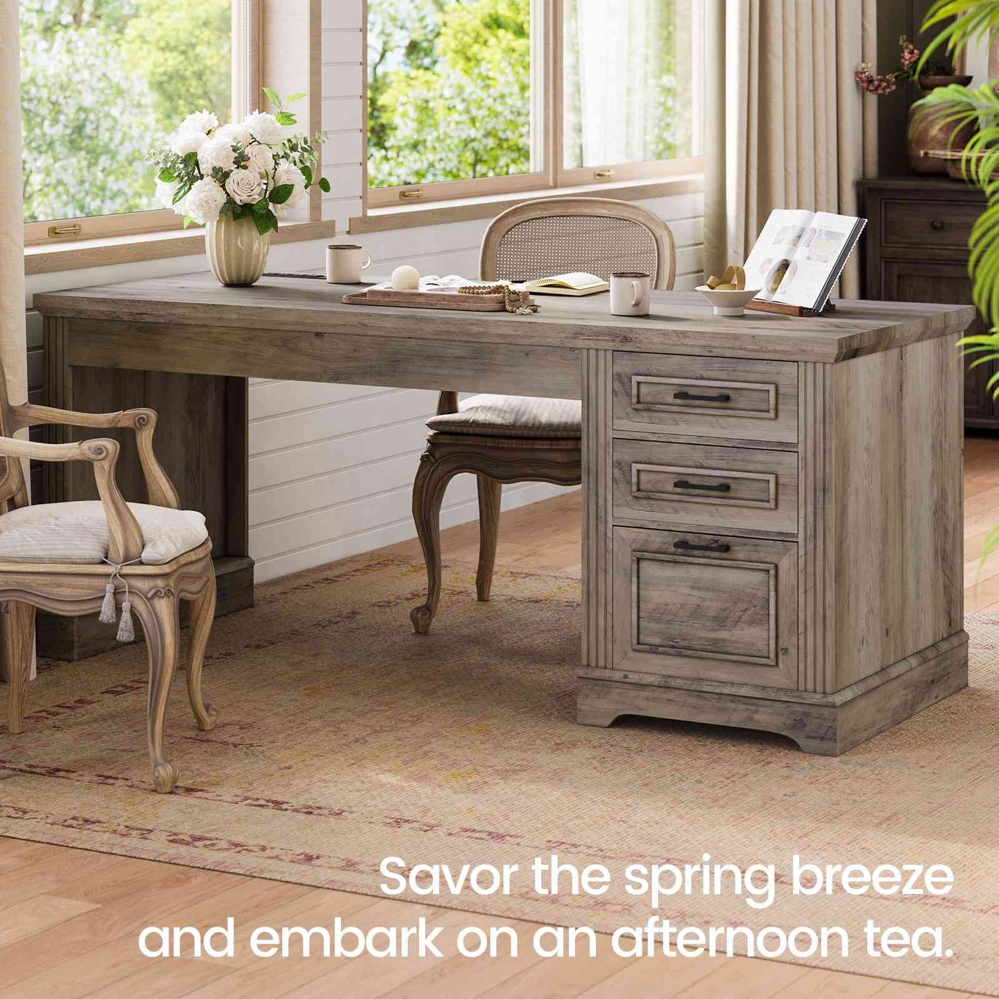 Itaar | Farmhouse 55 Inch Executive Desk Computer Desk with Storage Drawers and Power Outlet Home Office Desk