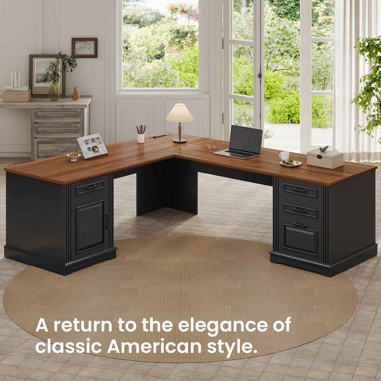 Itaar | Farmhouse Executive L Shaped Desk Home Office Desk with File Drawer and Power Outlet Computer Corner Desk with Drawers