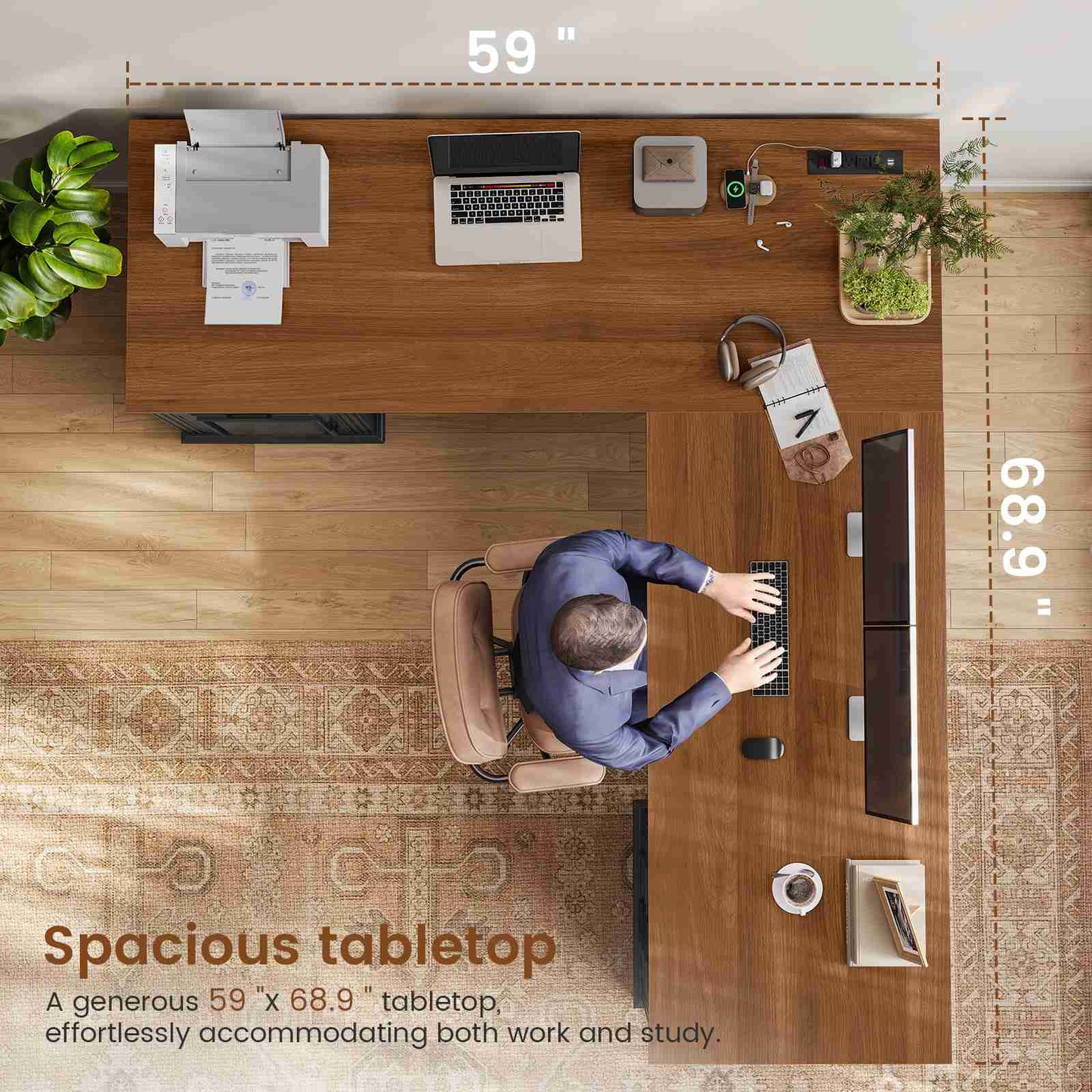Itaar | Farmhouse Executive L Shaped Desk Home Office Desk with File Drawer and Power Outlet Computer Corner Desk with Drawers