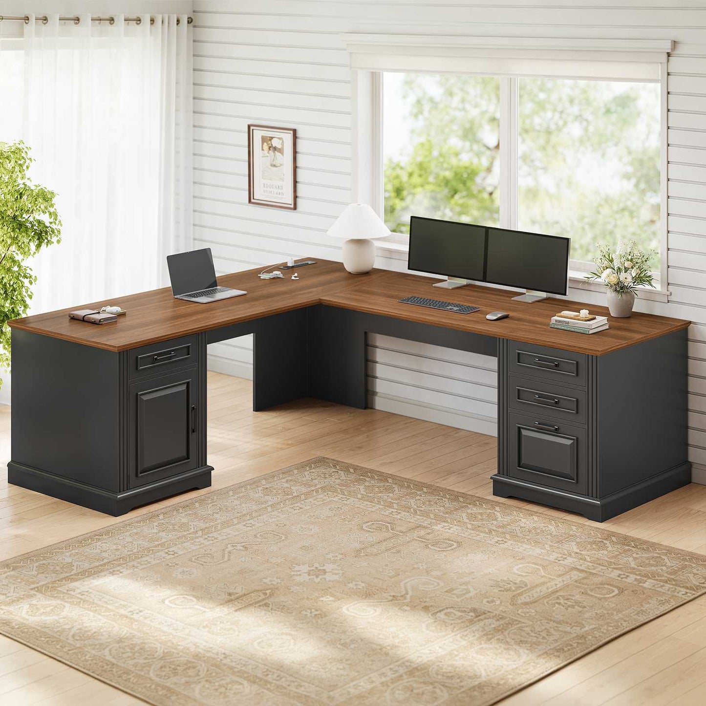 Itaar | Farmhouse Executive L Shaped Desk Home Office Desk with File Drawer and Power Outlet Computer Corner Desk with Drawers