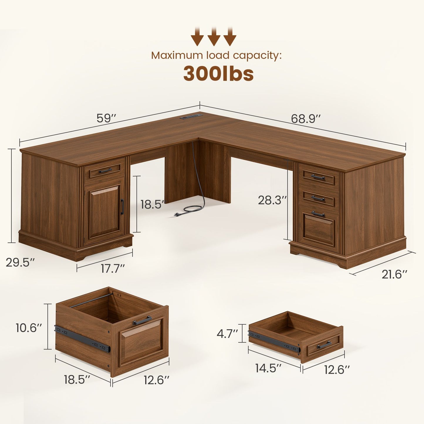Itaar | Farmhouse Executive L Shaped Desk Home Office Desk with File Drawer and Power Outlet Computer Corner Desk with Drawers