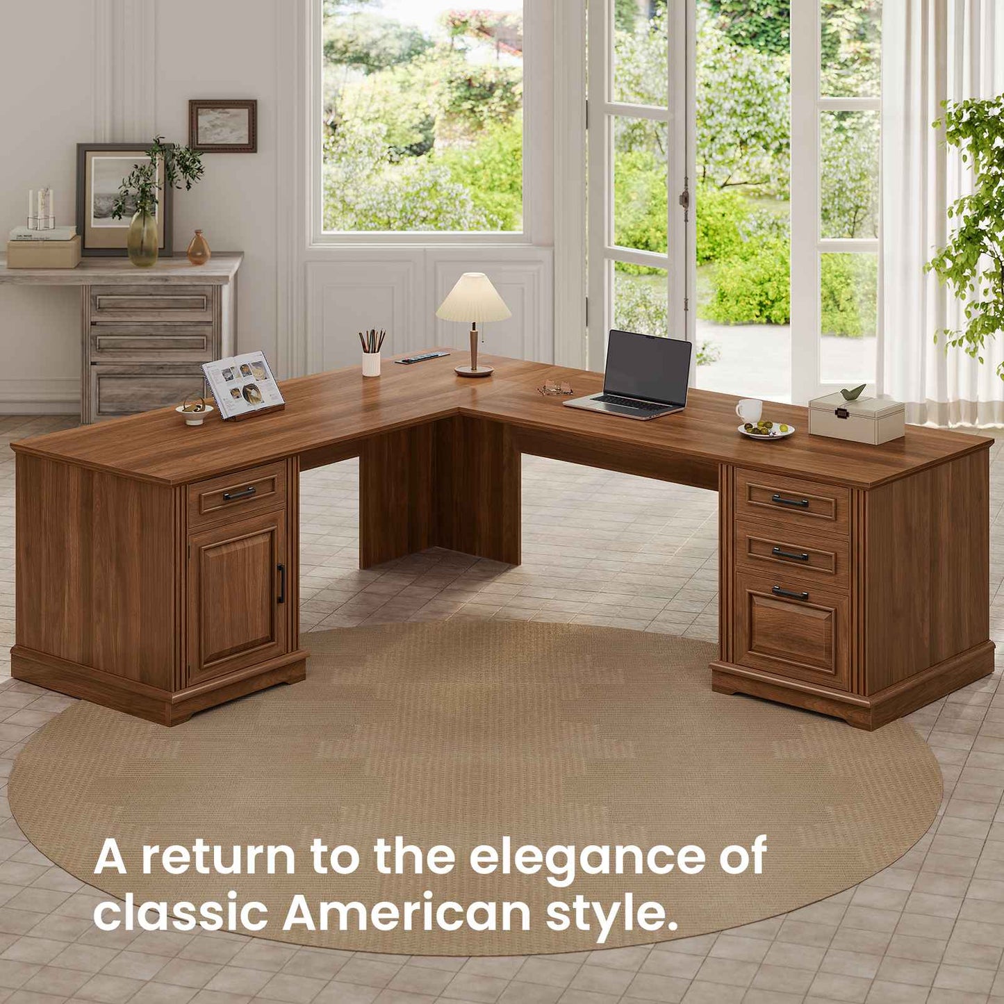 Itaar | Farmhouse Executive L Shaped Desk Home Office Desk with File Drawer and Power Outlet Computer Corner Desk with Drawers