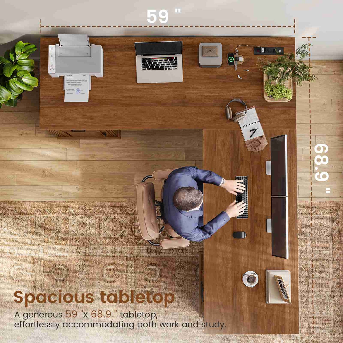 Itaar | Farmhouse Executive L Shaped Desk Home Office Desk with File Drawer and Power Outlet Computer Corner Desk with Drawers