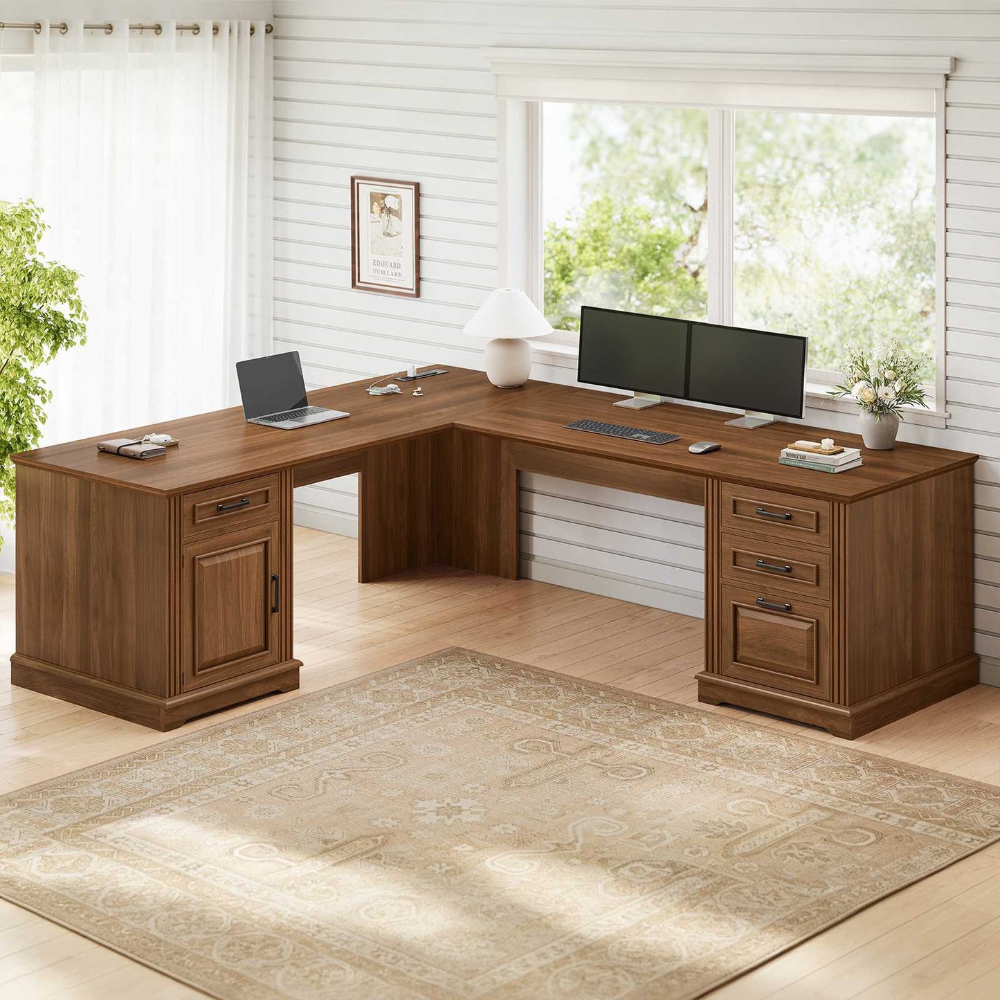 Itaar | Farmhouse Executive L Shaped Desk Home Office Desk with File Drawer and Power Outlet Computer Corner Desk with Drawers