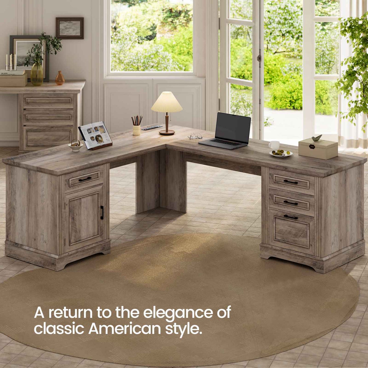 Itaar | Farmhouse Executive L Shaped Desk Home Office Desk with File Drawer and Power Outlet Computer Corner Desk with Drawers