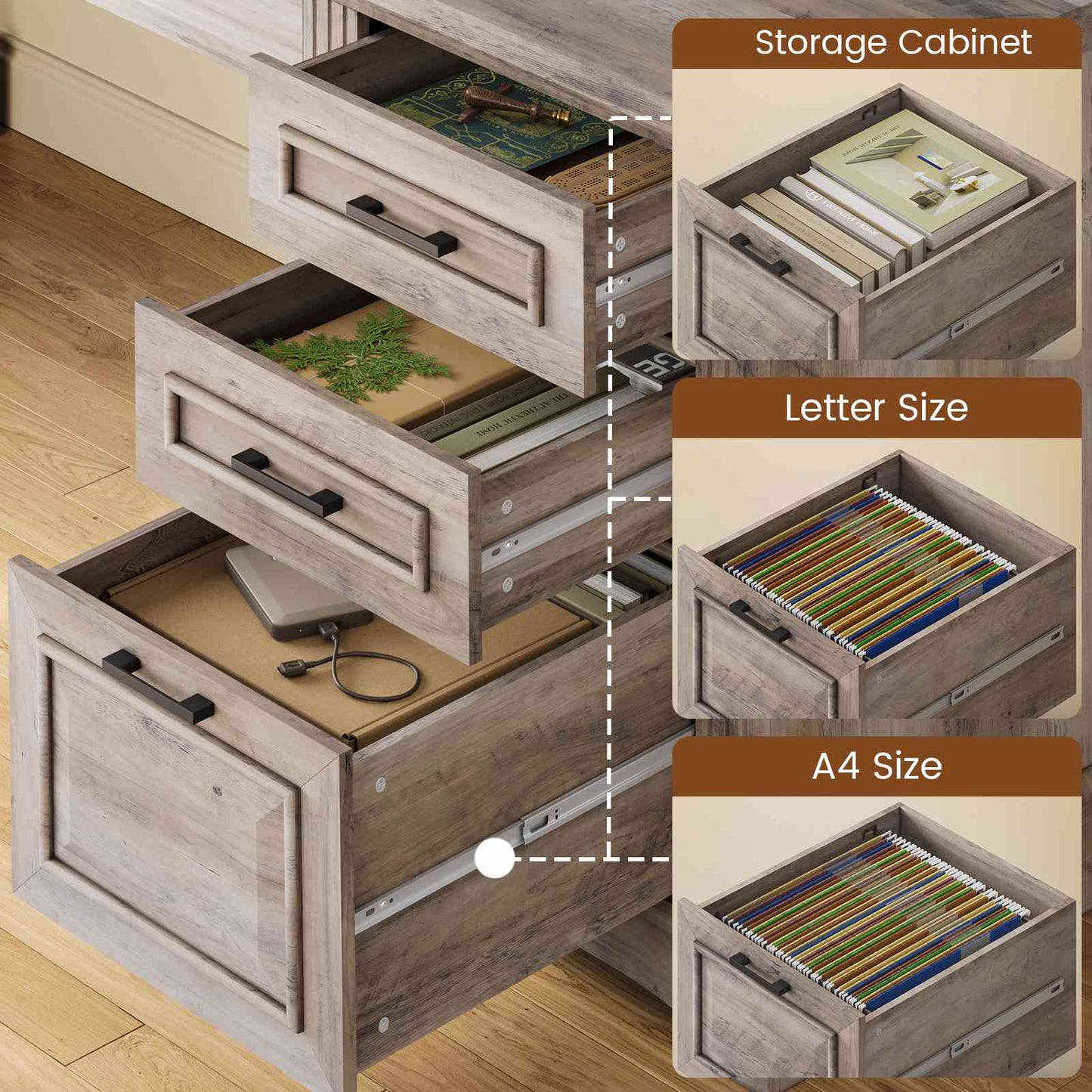 Itaar | Farmhouse Executive L Shaped Desk Home Office Desk with File Drawer and Power Outlet Computer Corner Desk with Drawers