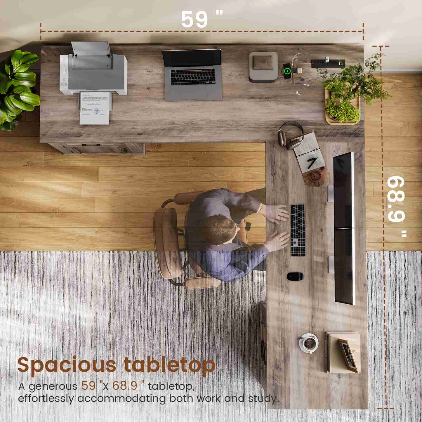 Itaar | Farmhouse Executive L Shaped Desk Home Office Desk with File Drawer and Power Outlet Computer Corner Desk with Drawers