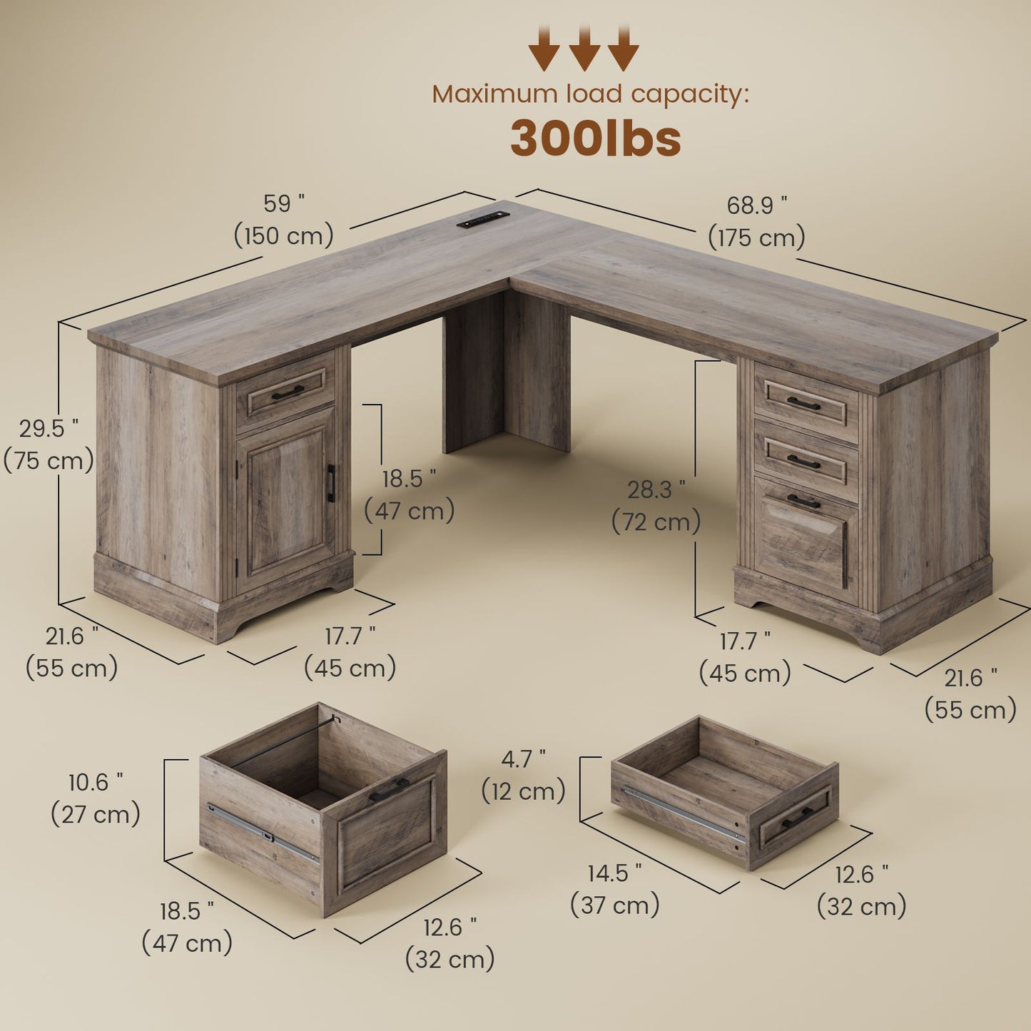 Itaar | Farmhouse Executive L Shaped Desk Home Office Desk with File Drawer and Power Outlet Computer Corner Desk with Drawers