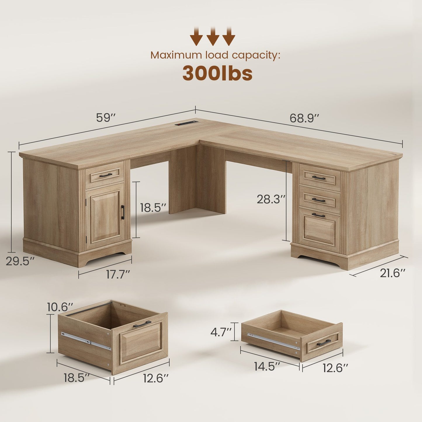 Itaar | Farmhouse Executive L Shaped Desk Home Office Desk with File Drawer and Power Outlet Computer Corner Desk with Drawers