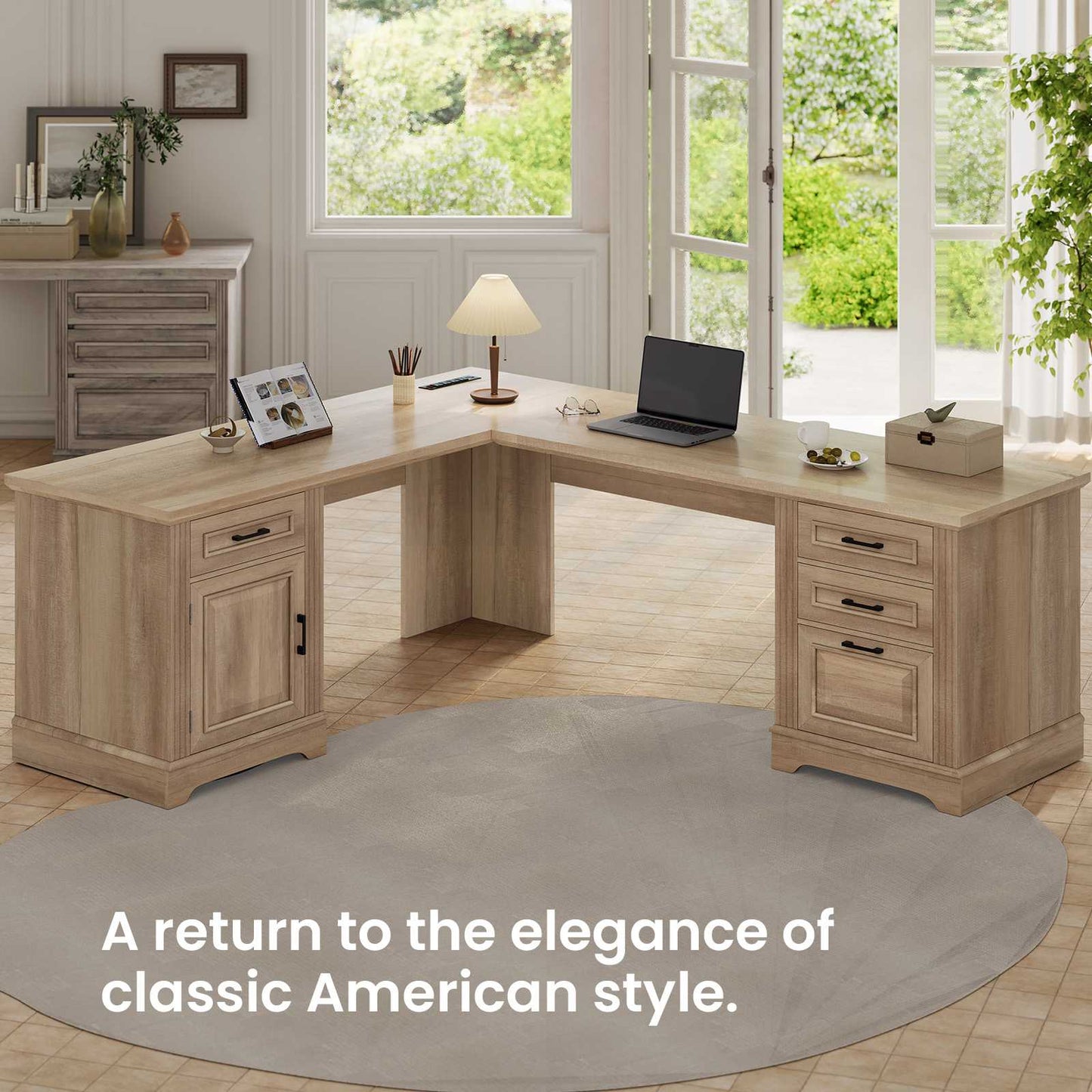 Itaar | Farmhouse Executive L Shaped Desk Home Office Desk with File Drawer and Power Outlet Computer Corner Desk with Drawers