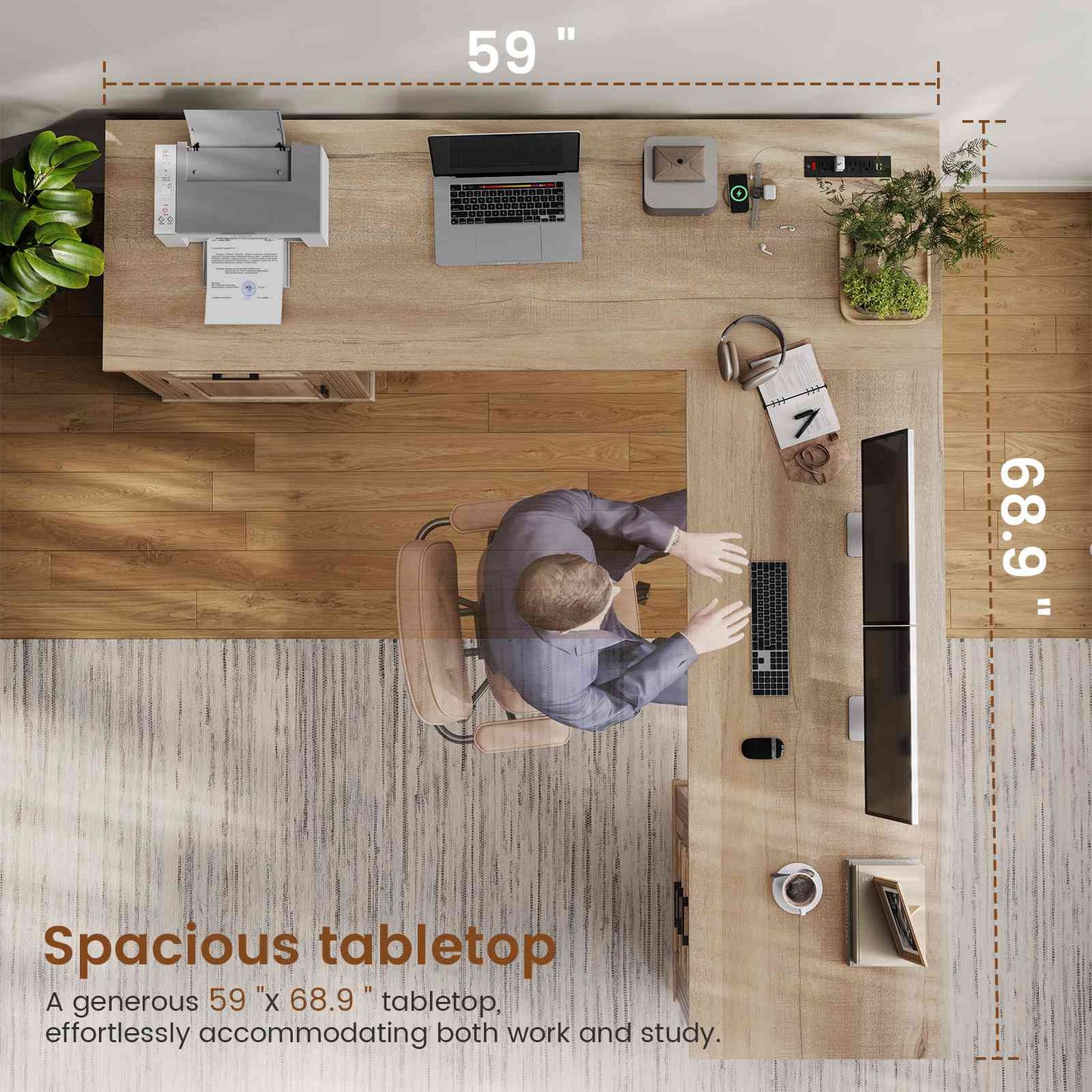 Itaar | Farmhouse Executive L Shaped Desk Home Office Desk with File Drawer and Power Outlet Computer Corner Desk with Drawers