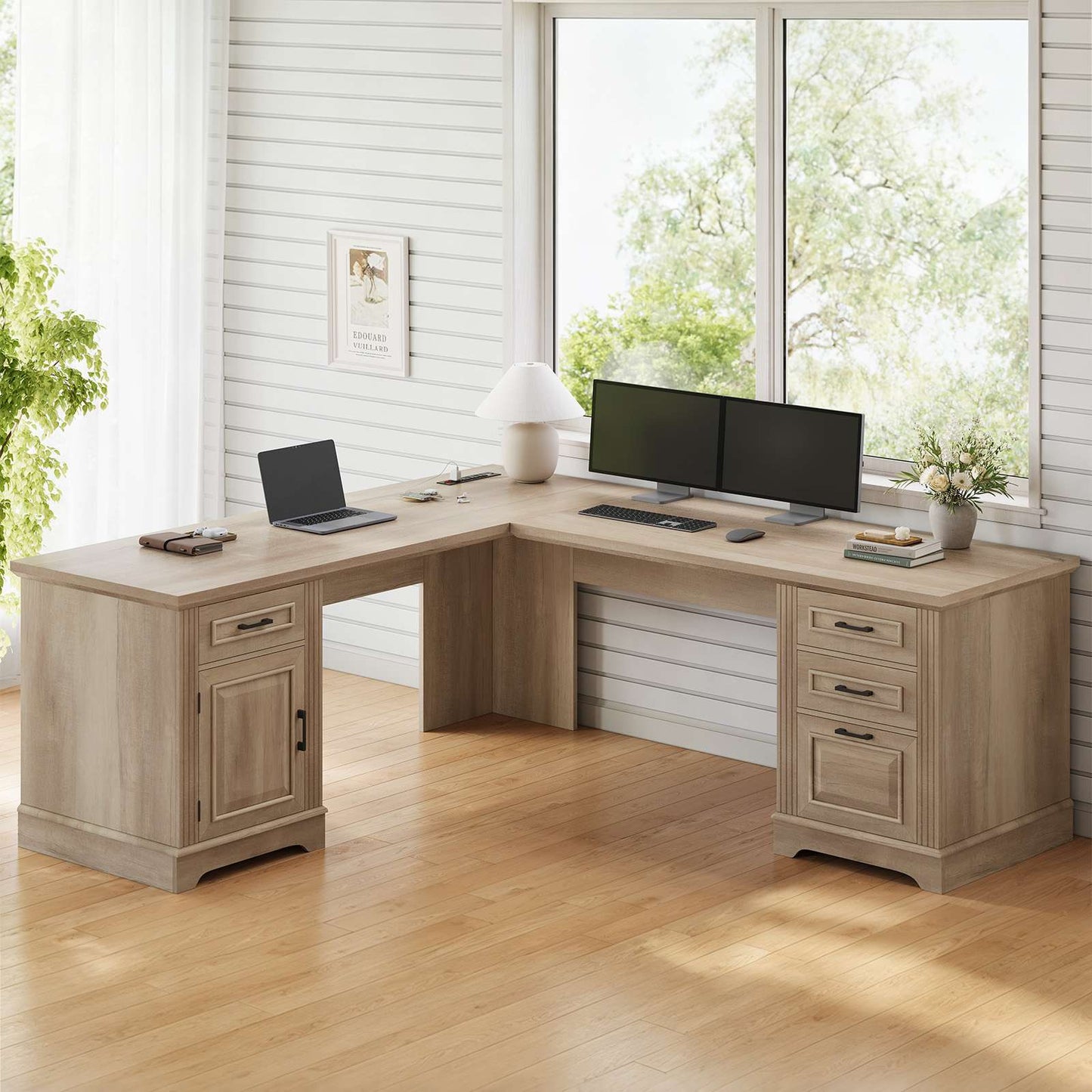 Itaar | Farmhouse Executive L Shaped Desk Home Office Desk with File Drawer and Power Outlet Computer Corner Desk with Drawers