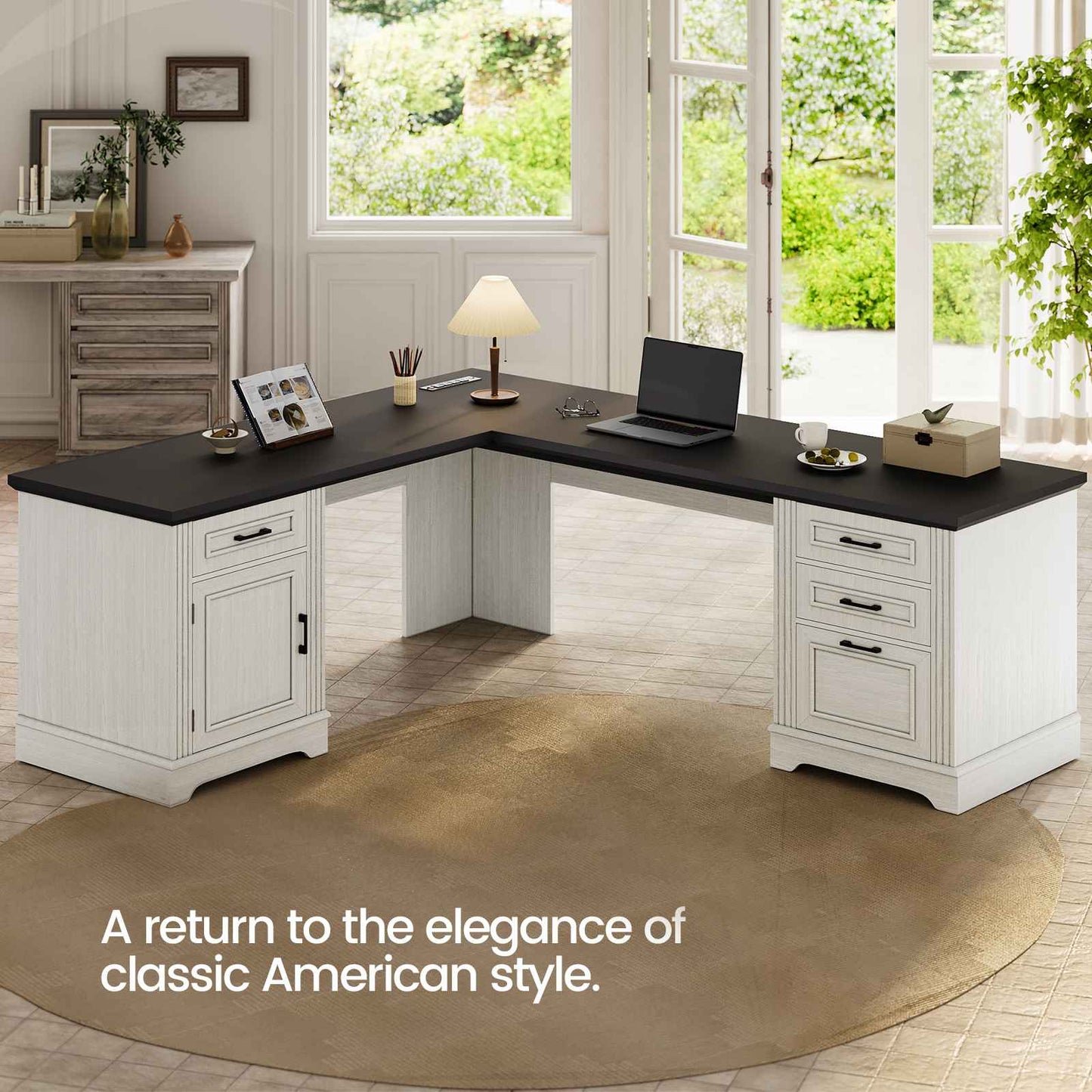 Itaar | Farmhouse Executive L Shaped Desk Home Office Desk with File Drawer and Power Outlet Computer Corner Desk with Drawers