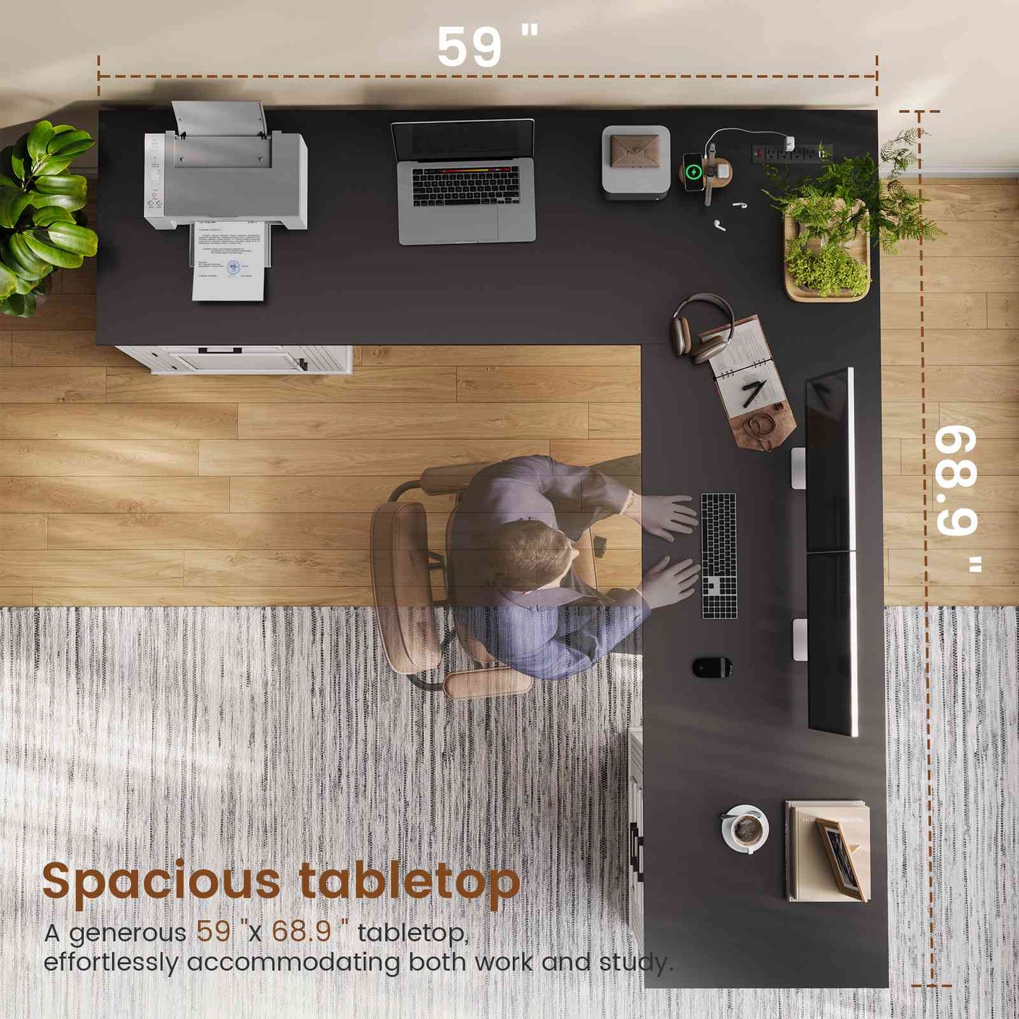 Itaar | Farmhouse Executive L Shaped Desk Home Office Desk with File Drawer and Power Outlet Computer Corner Desk with Drawers