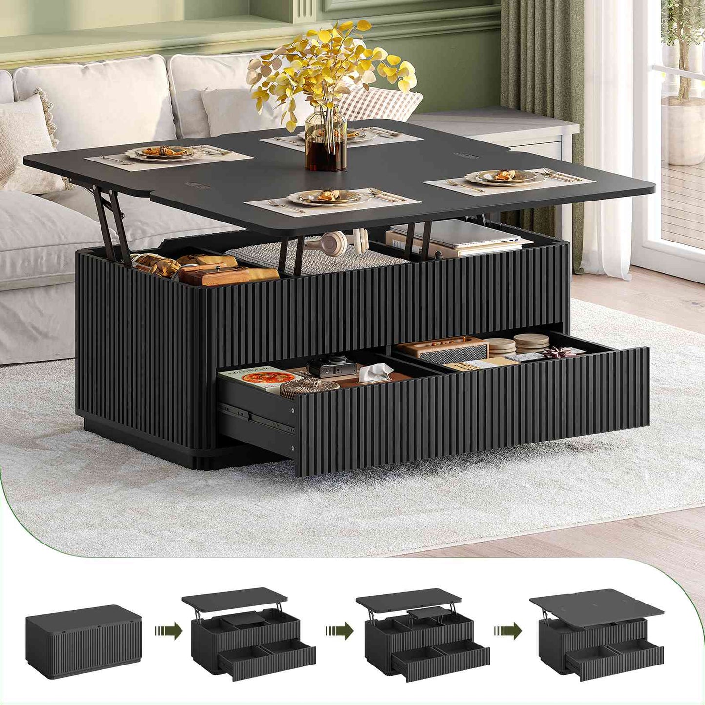 Itaar Fluted Lift Top Coffee Table with 2 Drawers and Hidden Storage