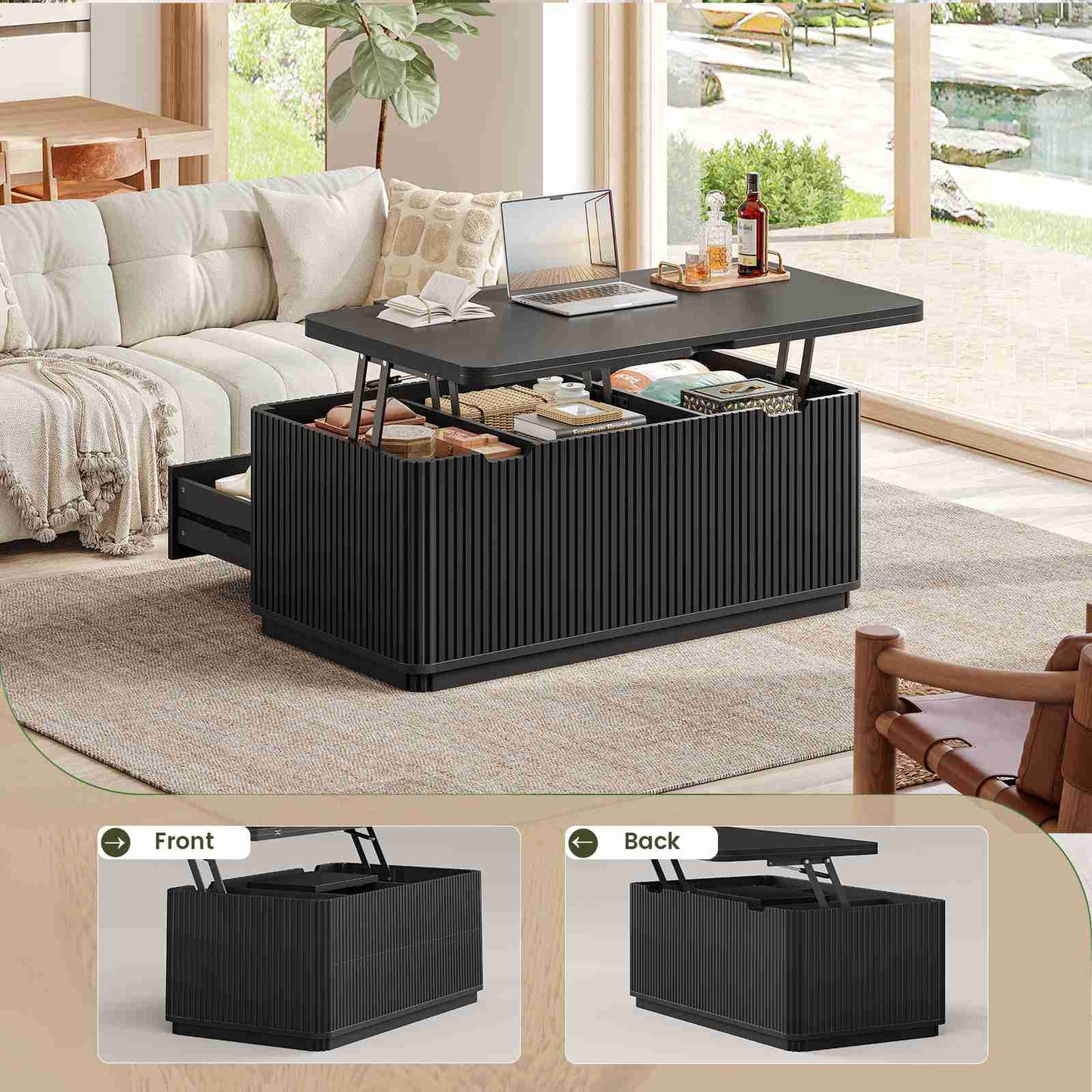 Itaar Fluted Lift Top Coffee Table with 2 Drawers and Hidden Storage