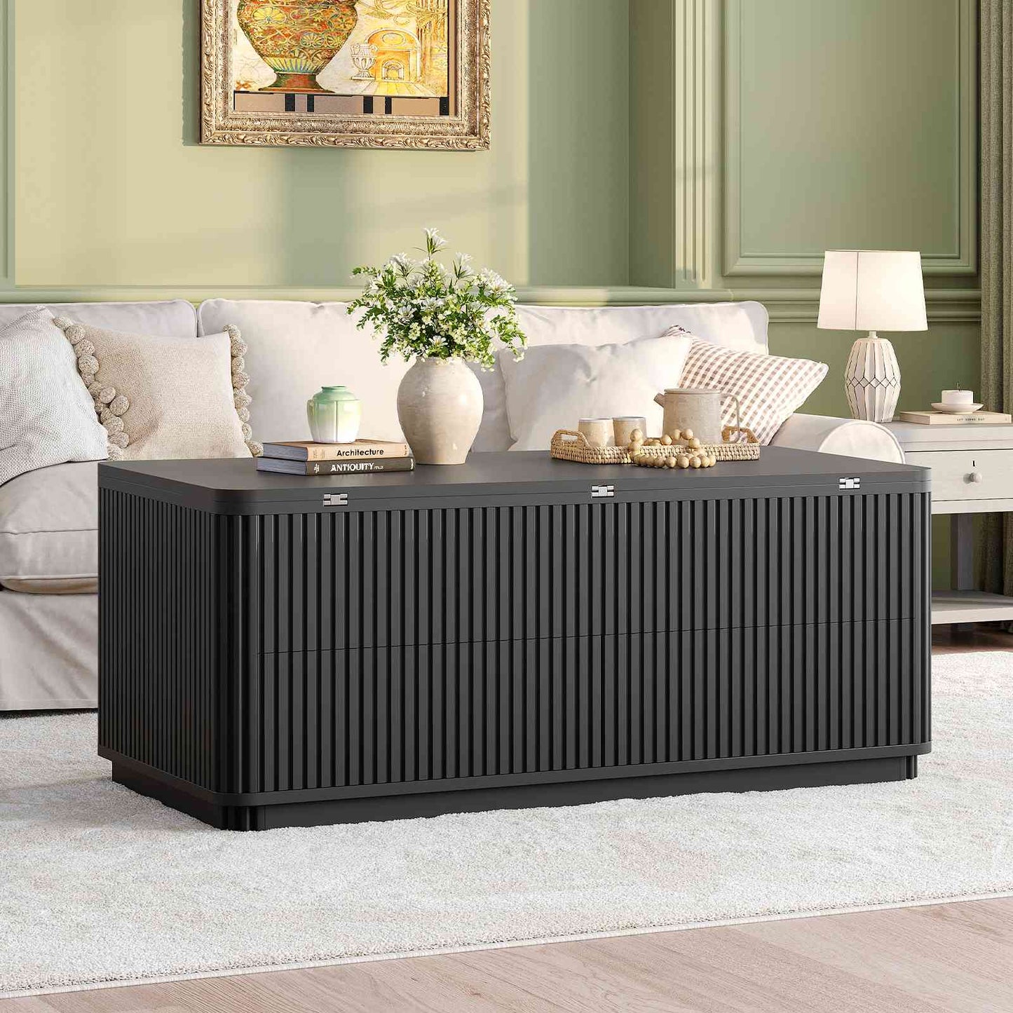 Itaar Fluted Lift Top Coffee Table with 2 Drawers and Hidden Storage