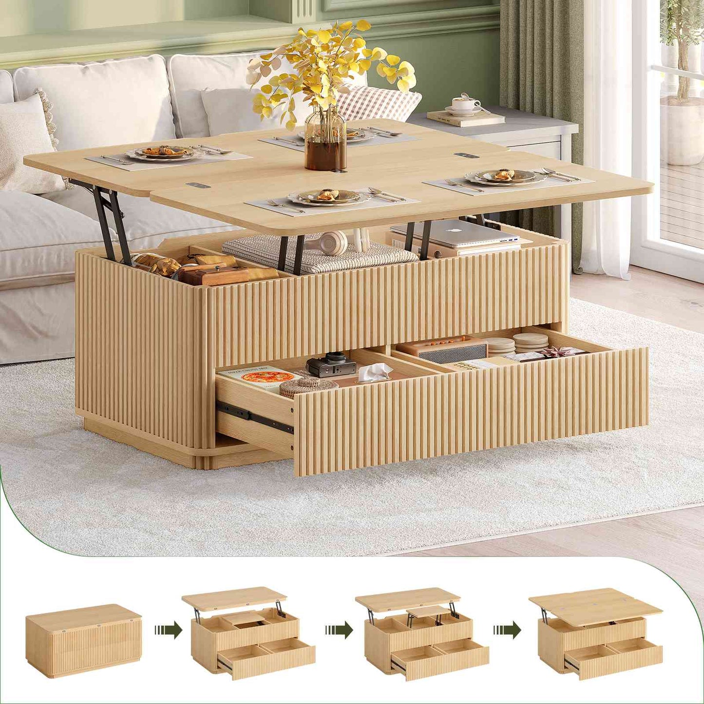 Itaar Fluted Lift Top Coffee Table with 2 Drawers and Hidden Storage