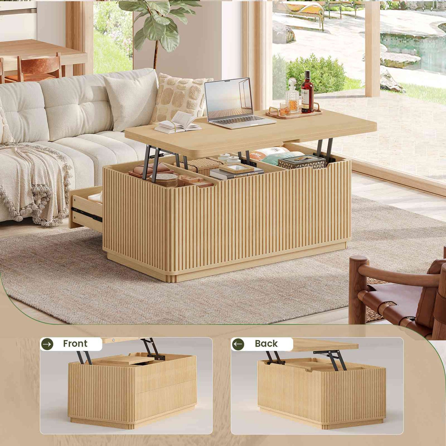 Itaar Fluted Lift Top Coffee Table with 2 Drawers and Hidden Storage