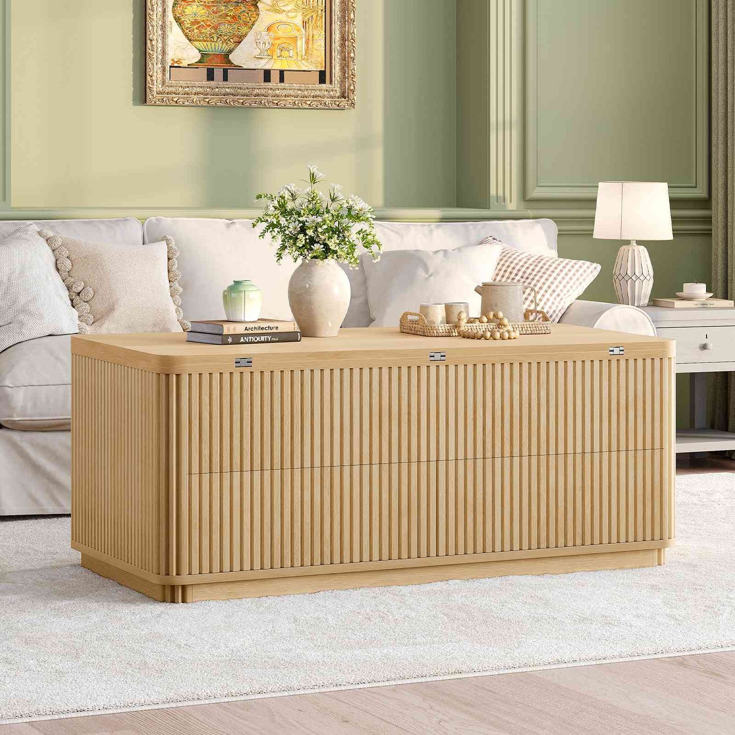 Itaar Fluted Lift Top Coffee Table with 2 Drawers and Hidden Storage