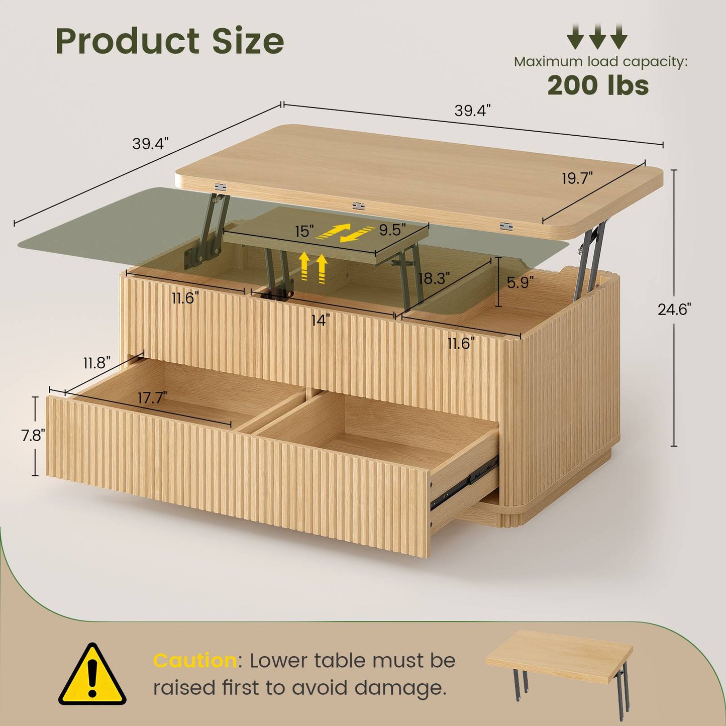 Itaar Fluted Lift Top Coffee Table with 2 Drawers and Hidden Storage