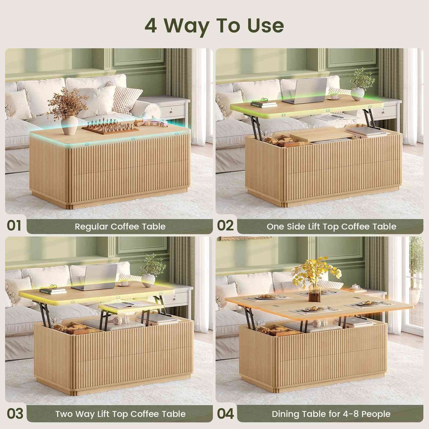 Itaar Fluted Lift Top Coffee Table with 2 Drawers and Hidden Storage