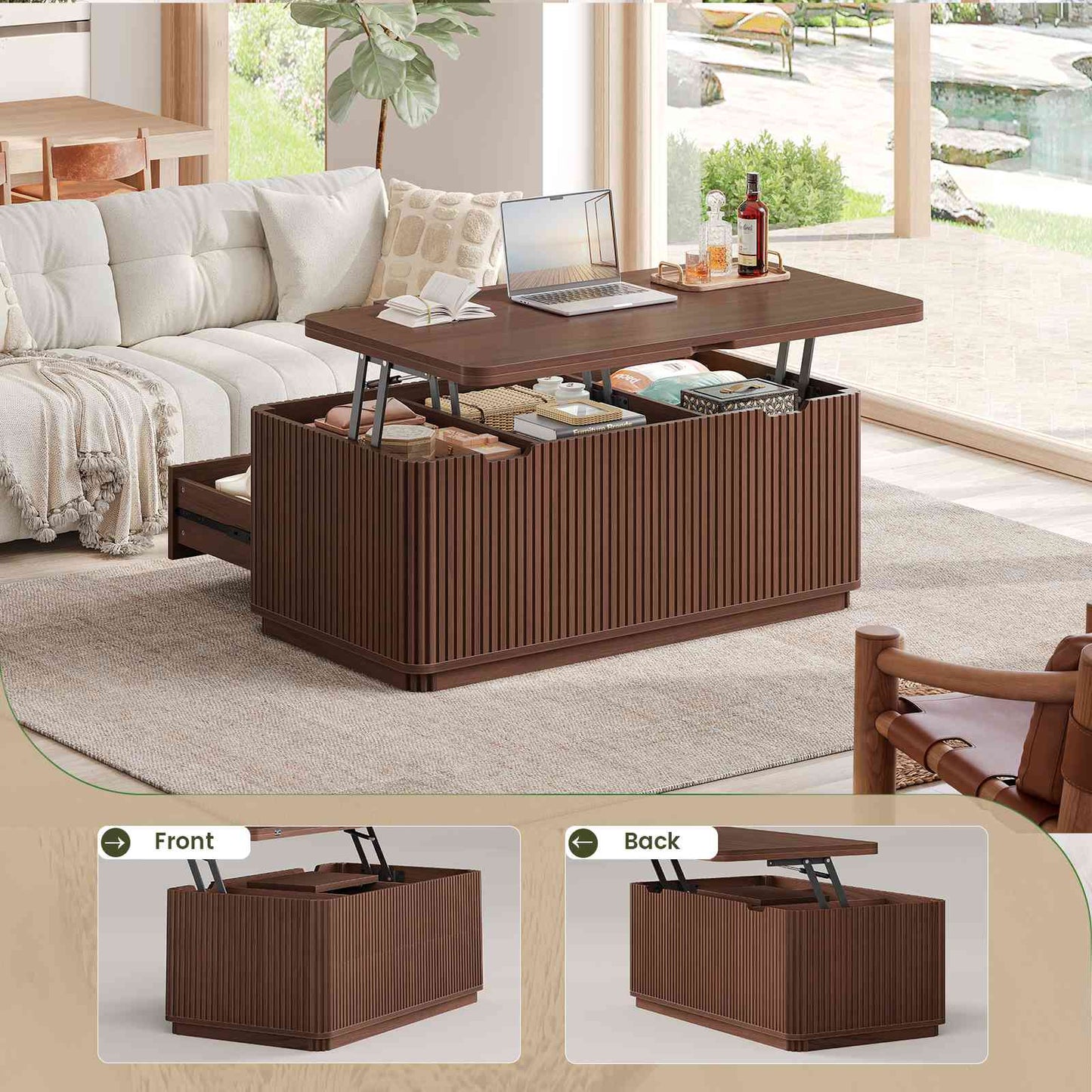 Itaar Fluted Lift Top Coffee Table with 2 Drawers and Hidden Storage