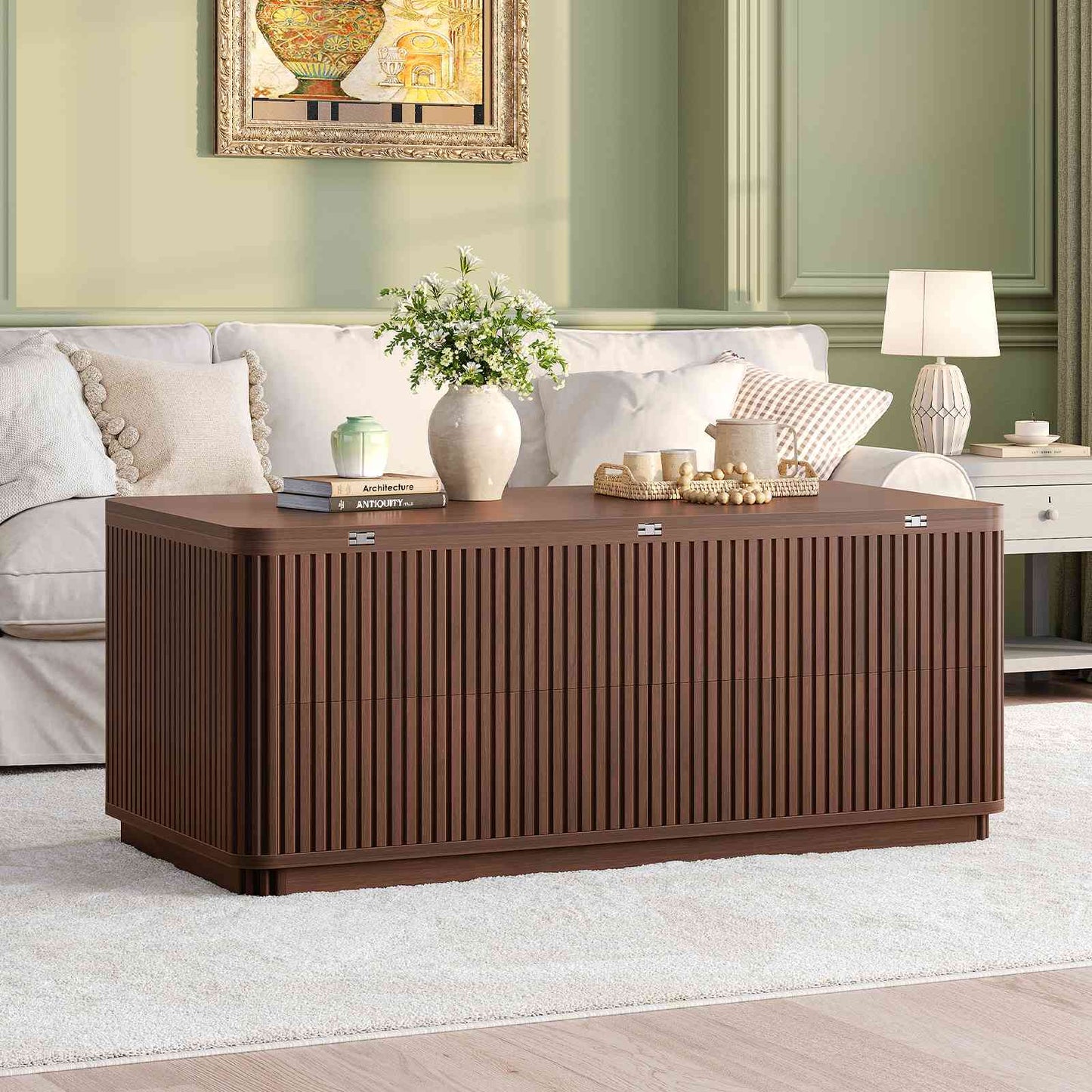 Itaar Fluted Lift Top Coffee Table with 2 Drawers and Hidden Storage