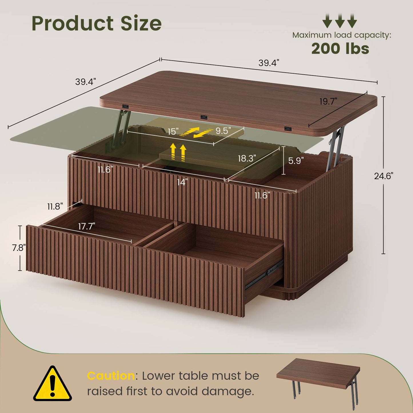 Itaar Fluted Lift Top Coffee Table with 2 Drawers and Hidden Storage