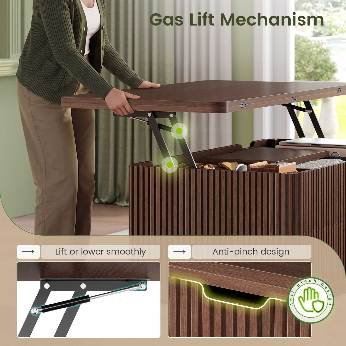 Itaar Fluted Lift Top Coffee Table with 2 Drawers and Hidden Storage