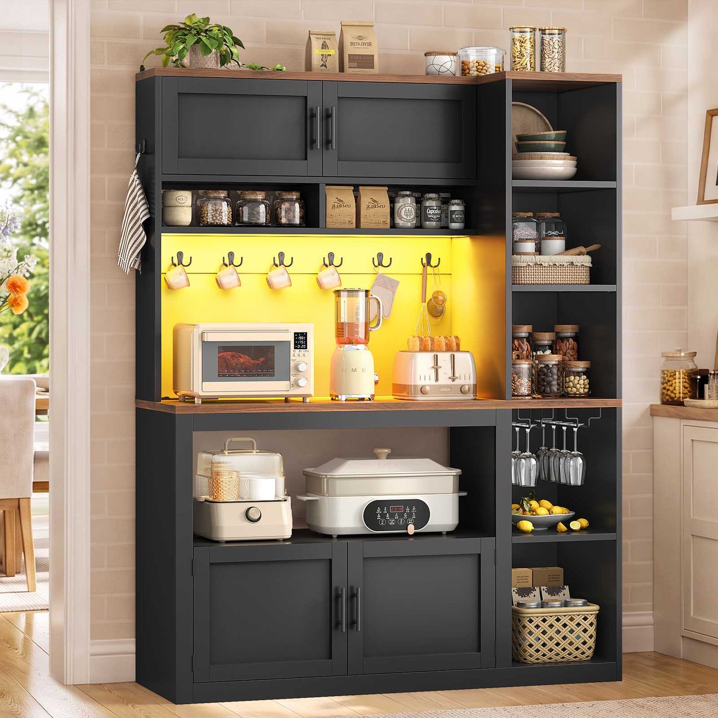 Itaar | Farmhouse Bakers Rack Coffee Bar Cabinet with Storage Power Outlet