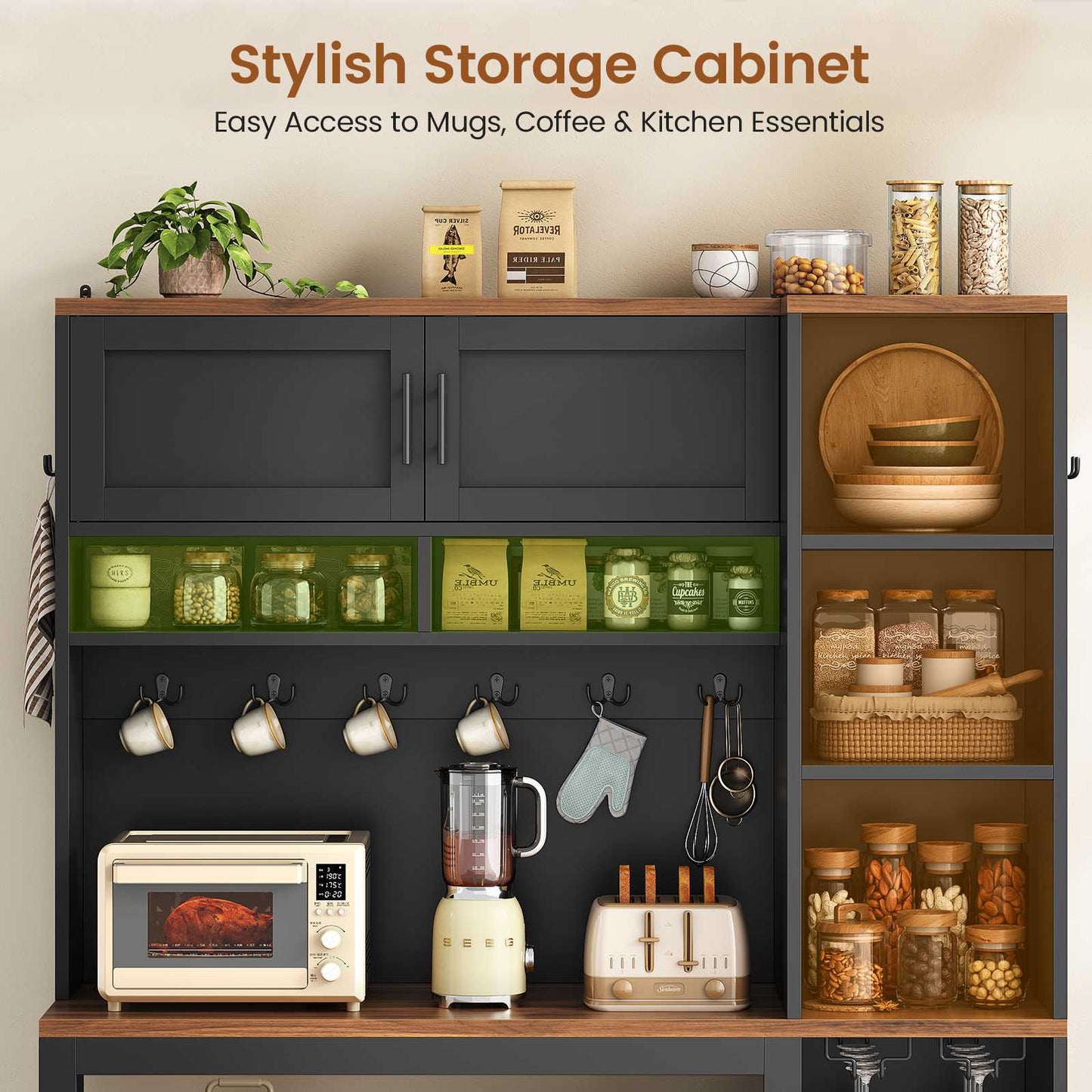 Itaar | Farmhouse Bakers Rack Coffee Bar Cabinet with Storage Power Outlet