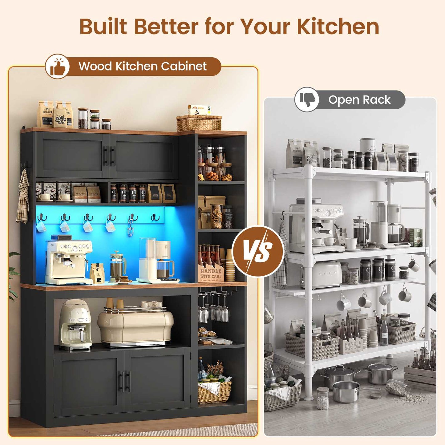 Itaar | Farmhouse Bakers Rack Coffee Bar Cabinet with Storage Power Outlet