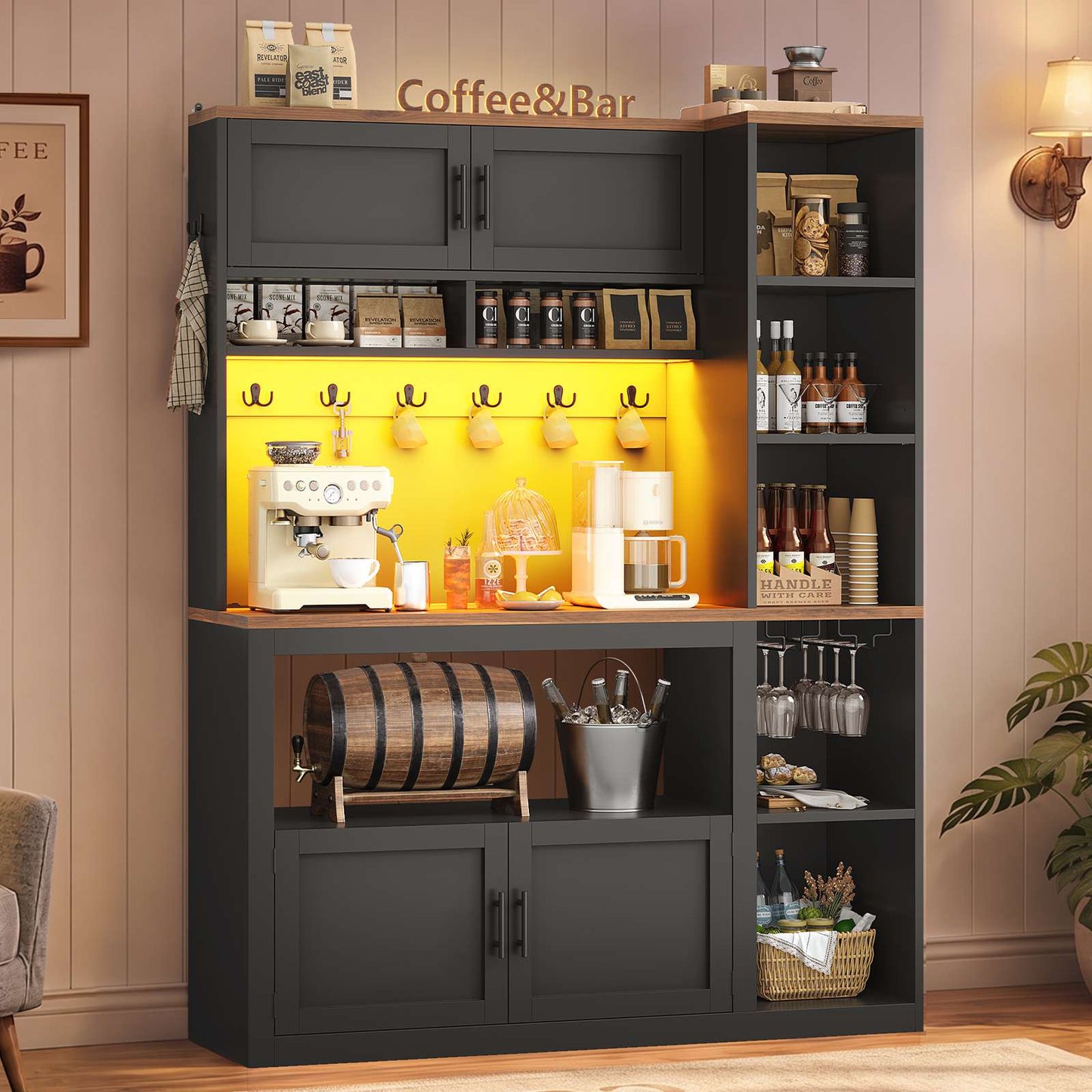 Itaar | Farmhouse Bakers Rack Coffee Bar Cabinet with Storage Power Outlet