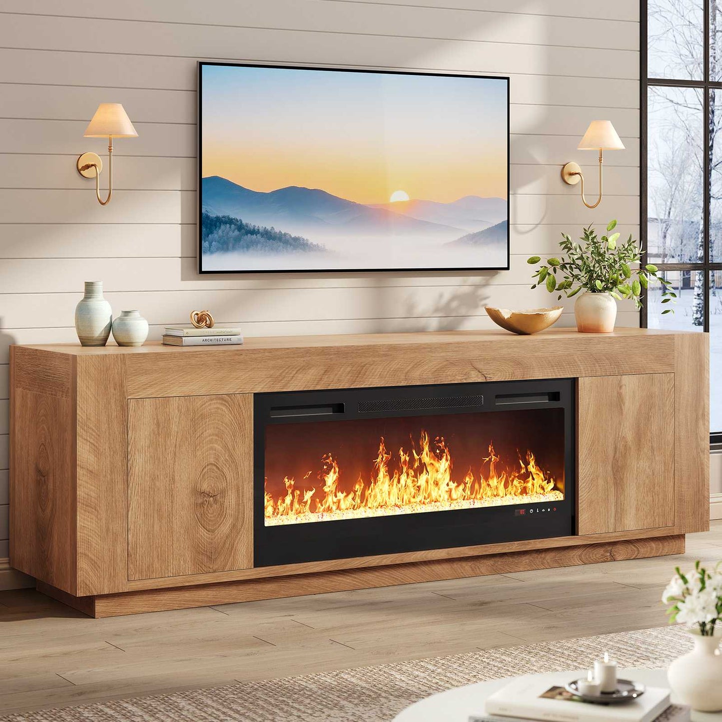 Itaar | 70 Inch Farmhouse Fireplace TV Stand for 80 Inch TV