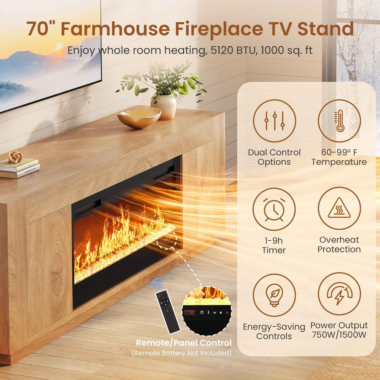 Itaar | 70 Inch Farmhouse Fireplace TV Stand for 80 Inch TV