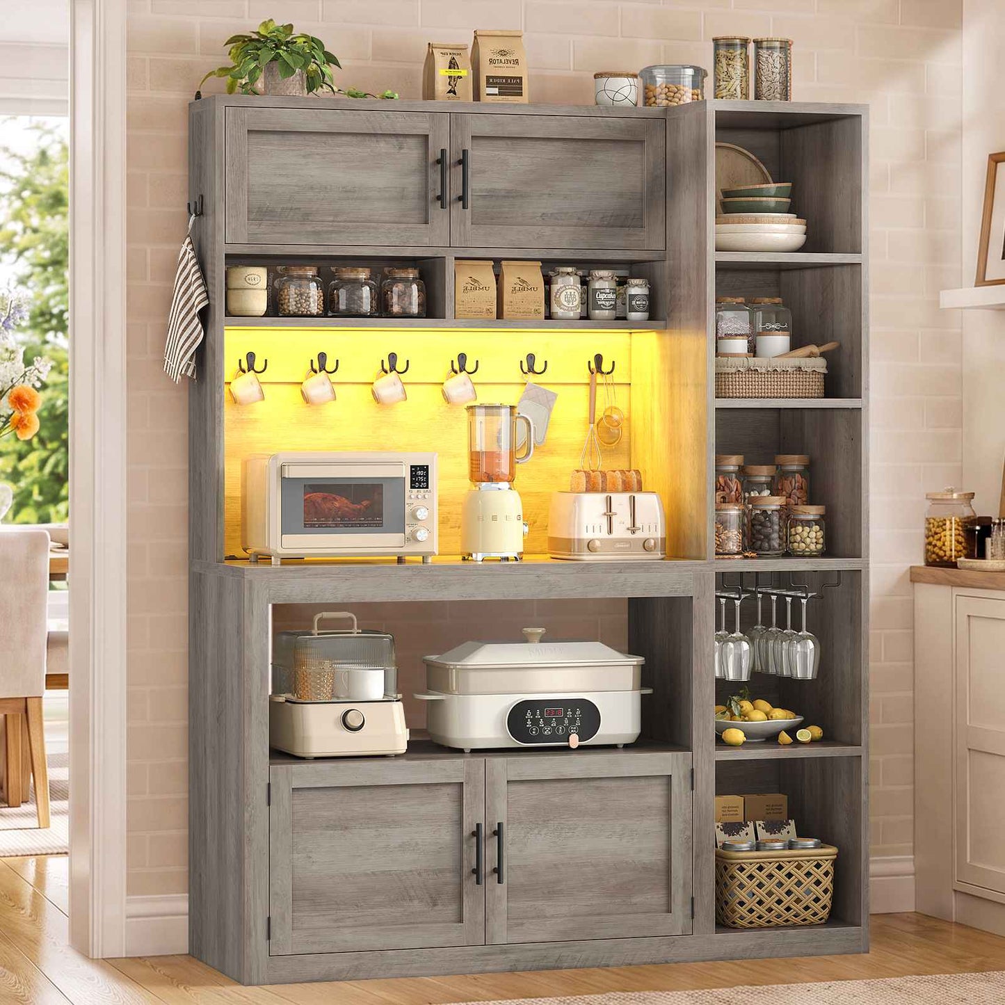 Itaar | Farmhouse Bakers Rack Coffee Bar Cabinet with Storage Power Outlet