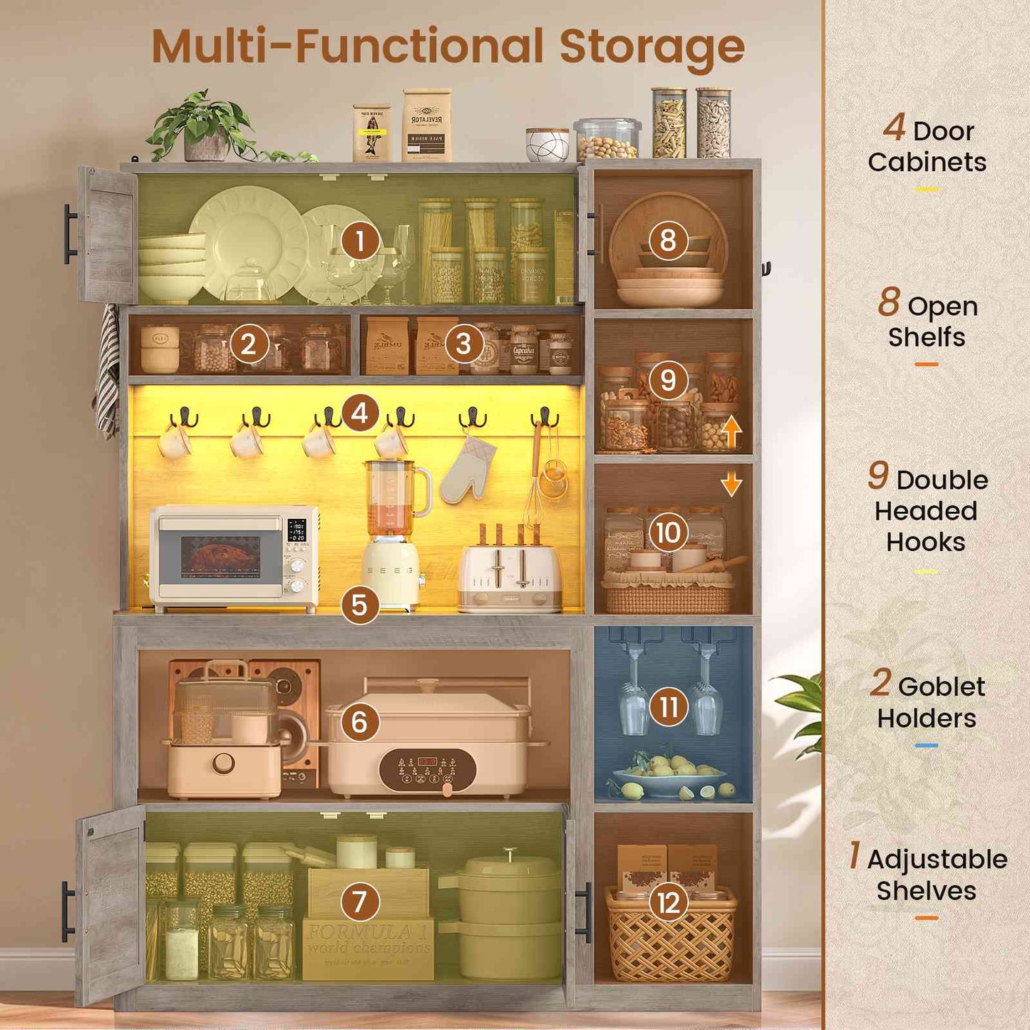 Itaar | Farmhouse Bakers Rack Coffee Bar Cabinet with Storage Power Outlet