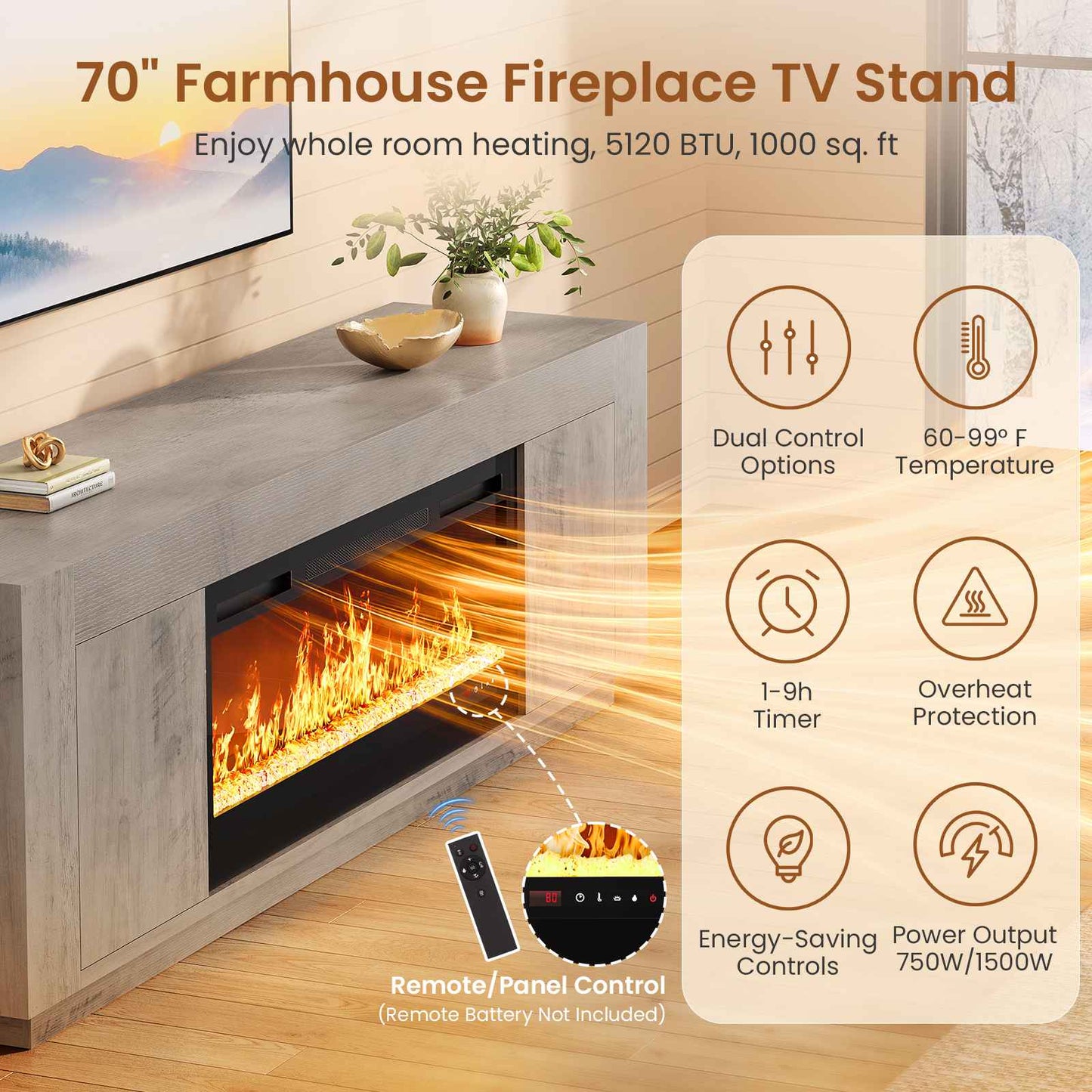 Itaar | 70 Inch Farmhouse Fireplace TV Stand for 80 Inch TV