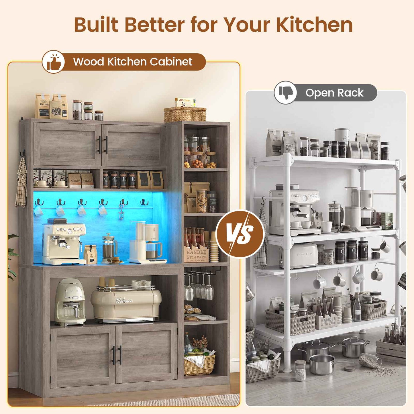 Itaar | Farmhouse Bakers Rack Coffee Bar Cabinet with Storage Power Outlet