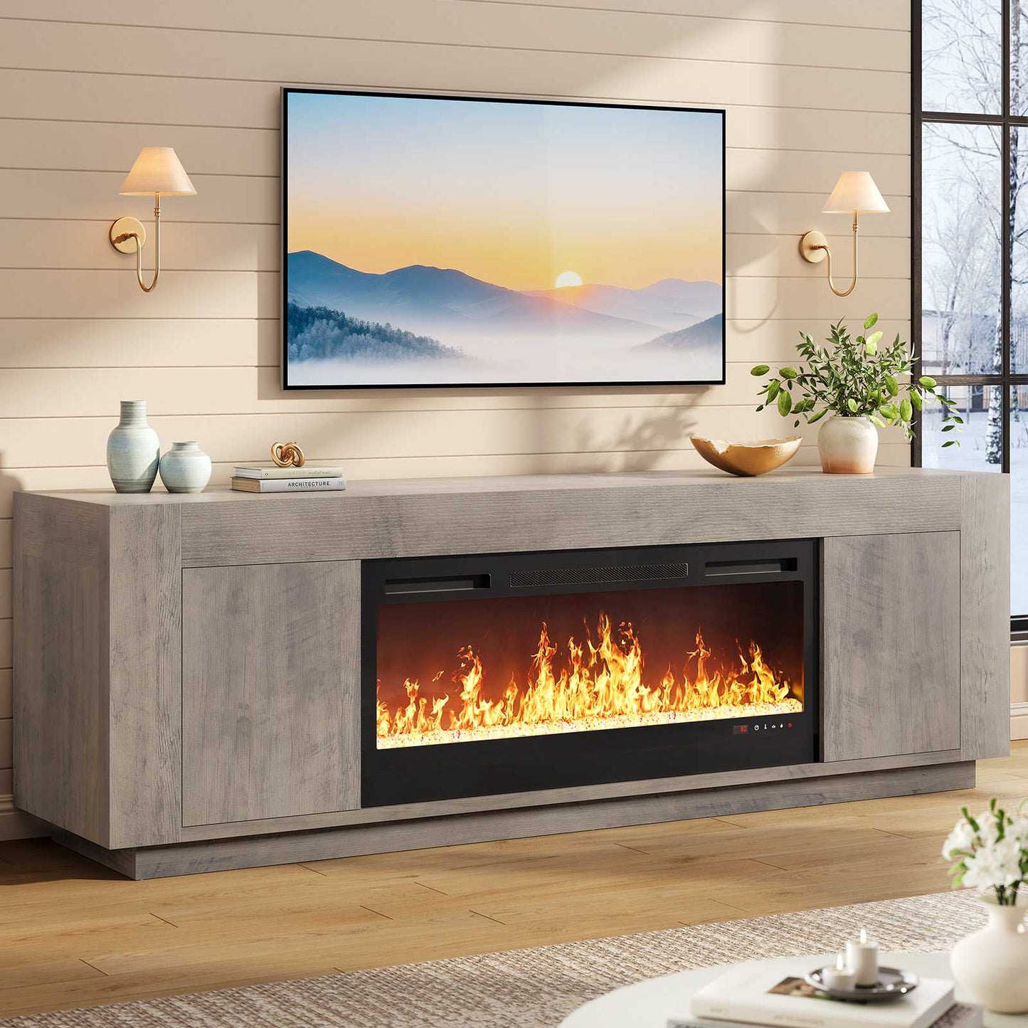 Itaar | 70 Inch Farmhouse Fireplace TV Stand for 80 Inch TV