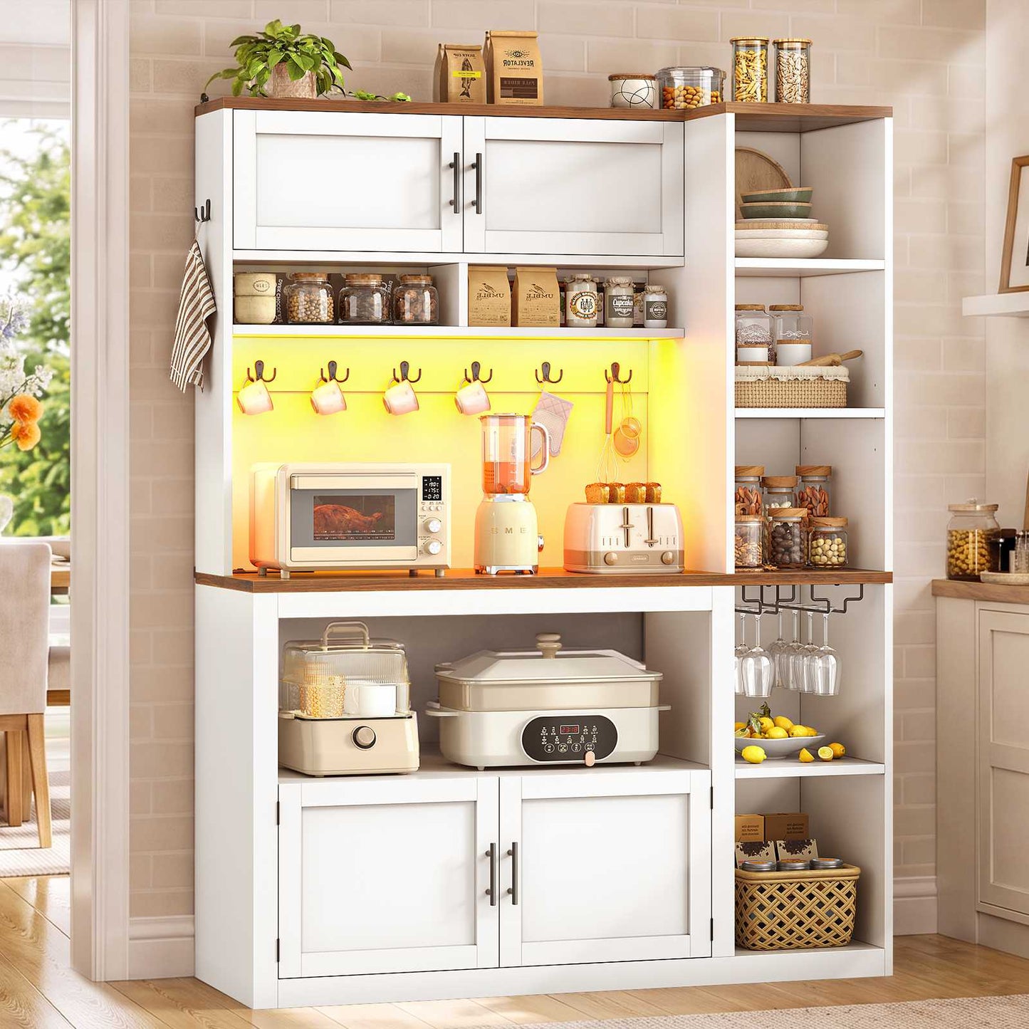 Itaar | Farmhouse Bakers Rack Coffee Bar Cabinet with Storage Power Outlet