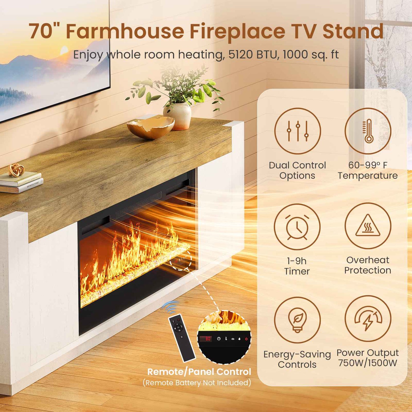Itaar | 70 Inch Farmhouse Fireplace TV Stand for 80 Inch TV