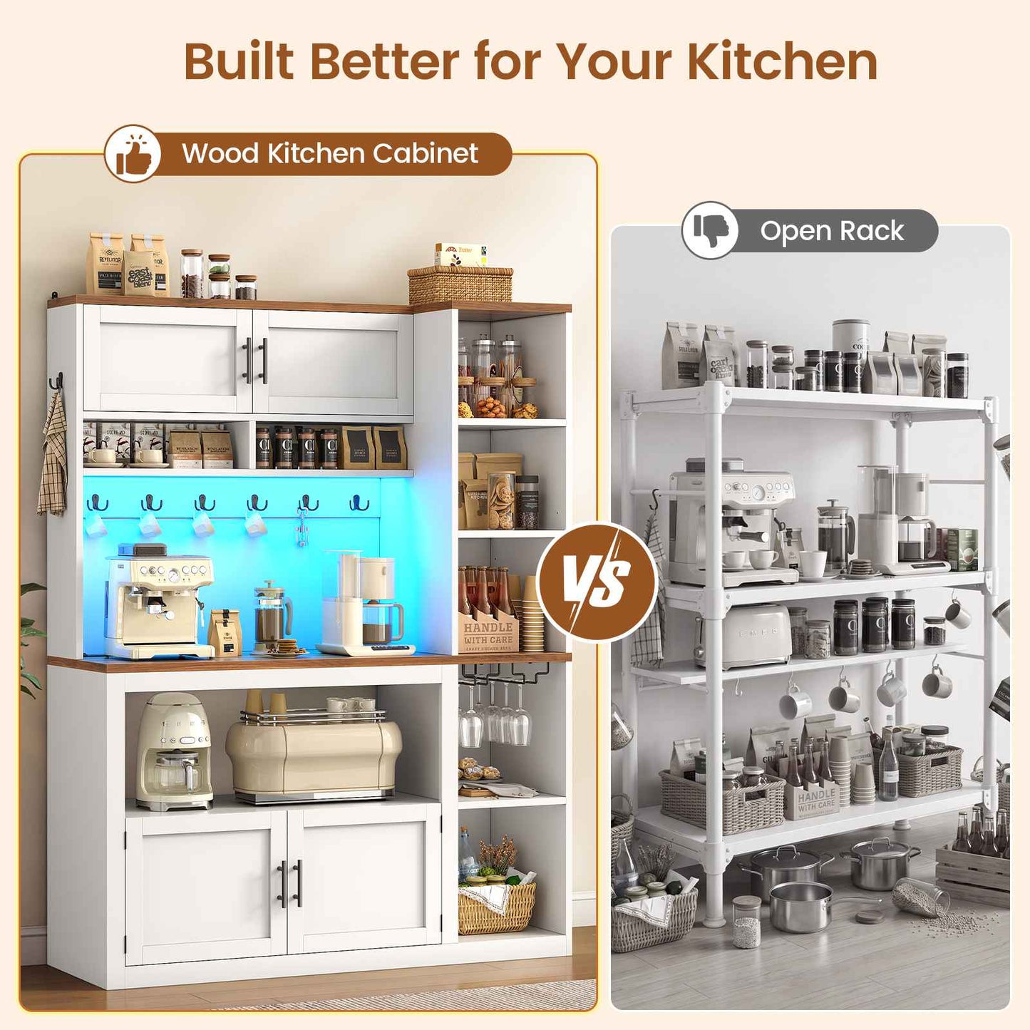Itaar | Farmhouse Bakers Rack Coffee Bar Cabinet with Storage Power Outlet