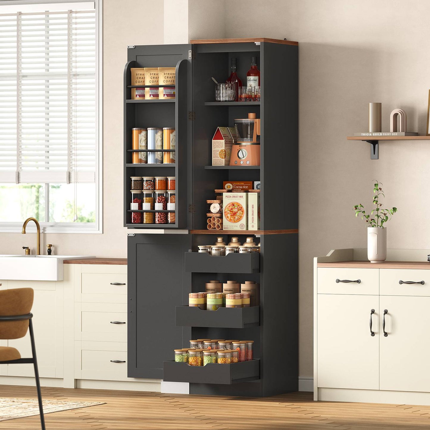 Itaar Narrow Kitchen Pantry Cabinet with 3 Door Shelves 3 Drawer