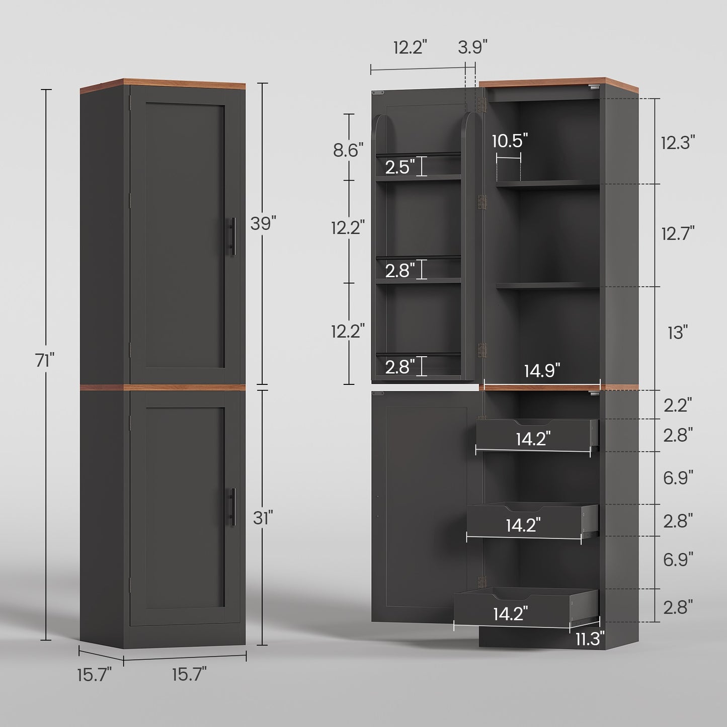 Itaar Narrow Kitchen Pantry Cabinet with 3 Door Shelves 3 Drawer