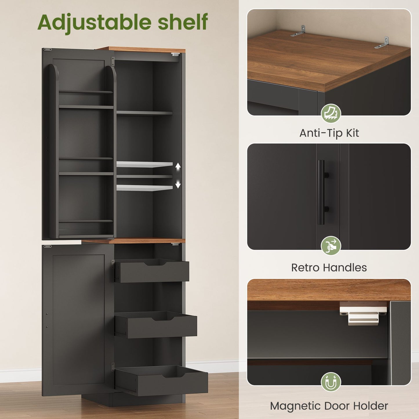 Itaar Narrow Kitchen Pantry Cabinet with 3 Door Shelves 3 Drawer