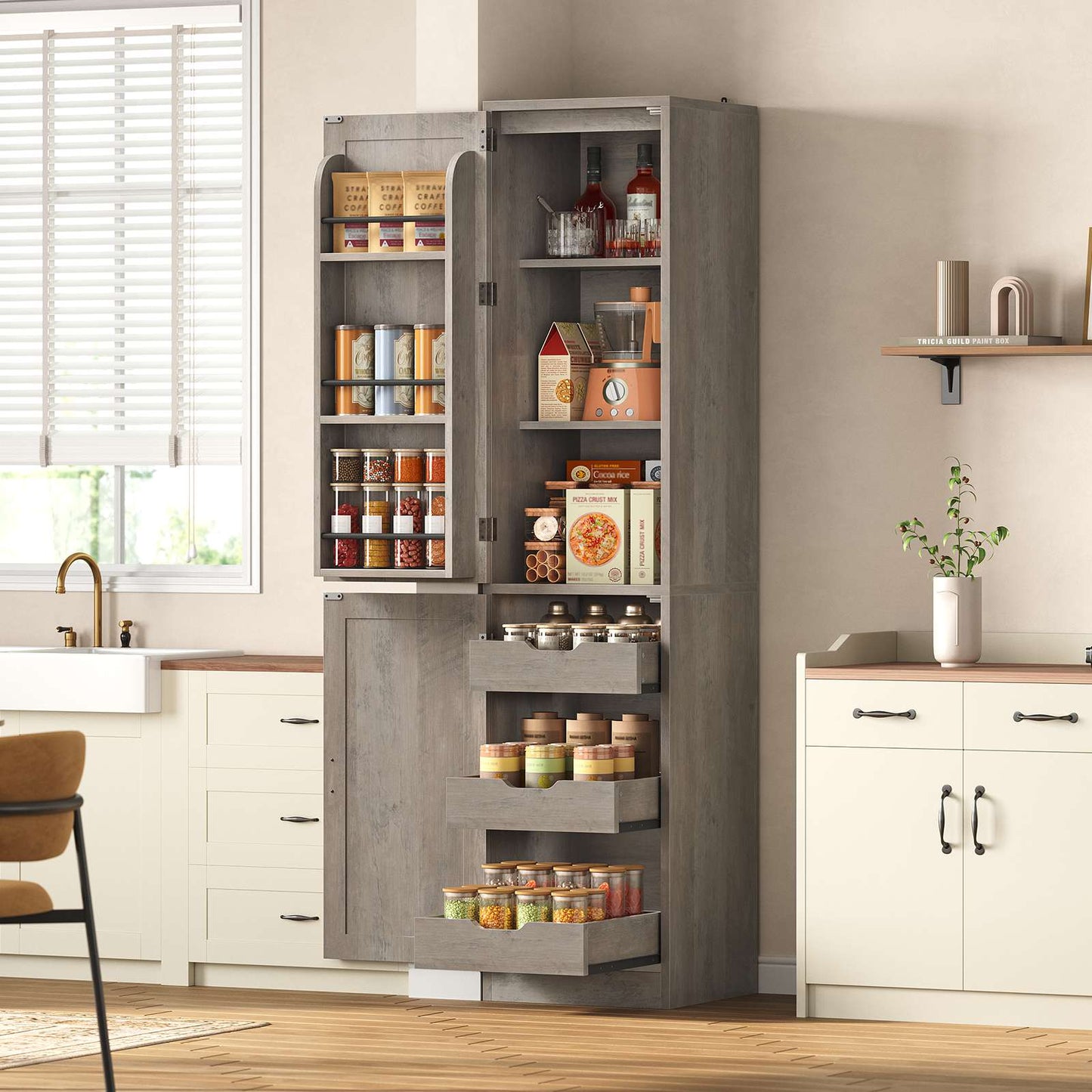 Itaar Narrow Kitchen Pantry Cabinet with 3 Door Shelves 3 Drawer