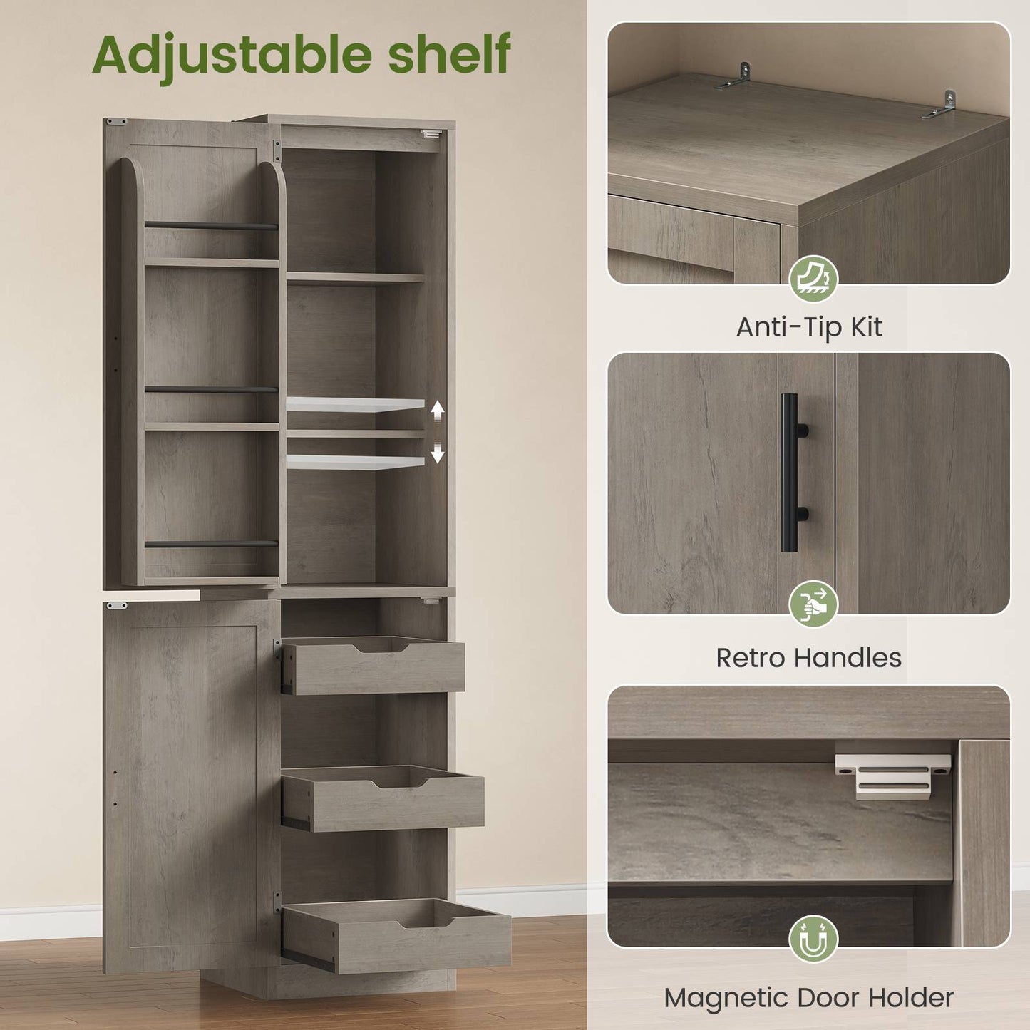 Itaar Narrow Kitchen Pantry Cabinet with 3 Door Shelves 3 Drawer