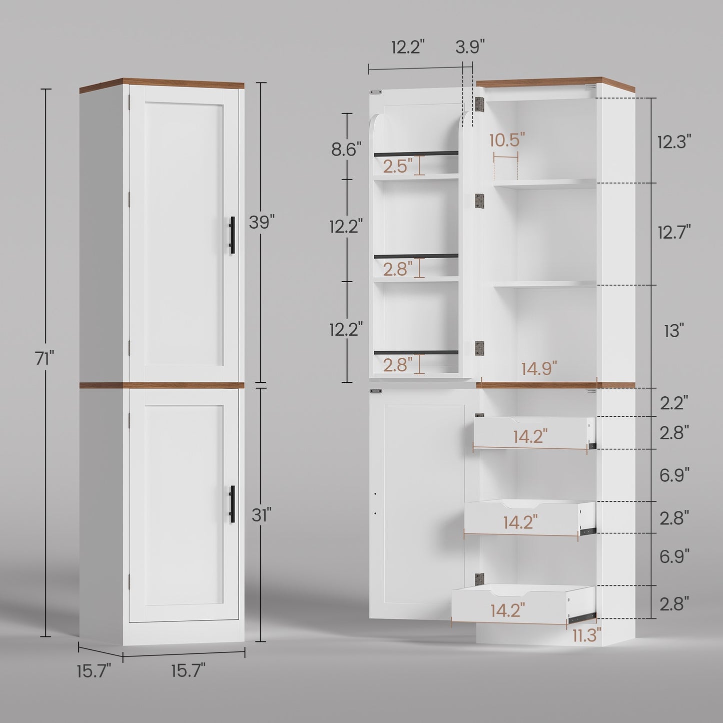 Itaar Narrow Kitchen Pantry Cabinet with 3 Door Shelves 3 Drawer